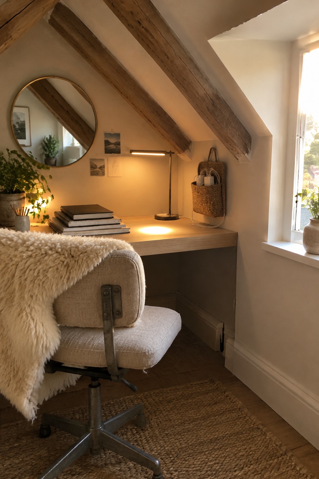 A home office under sloped wood beams with a light wood desk, upholstered swivel chair, round mirror on the wall, and a woven basket holding cables and a power strip.