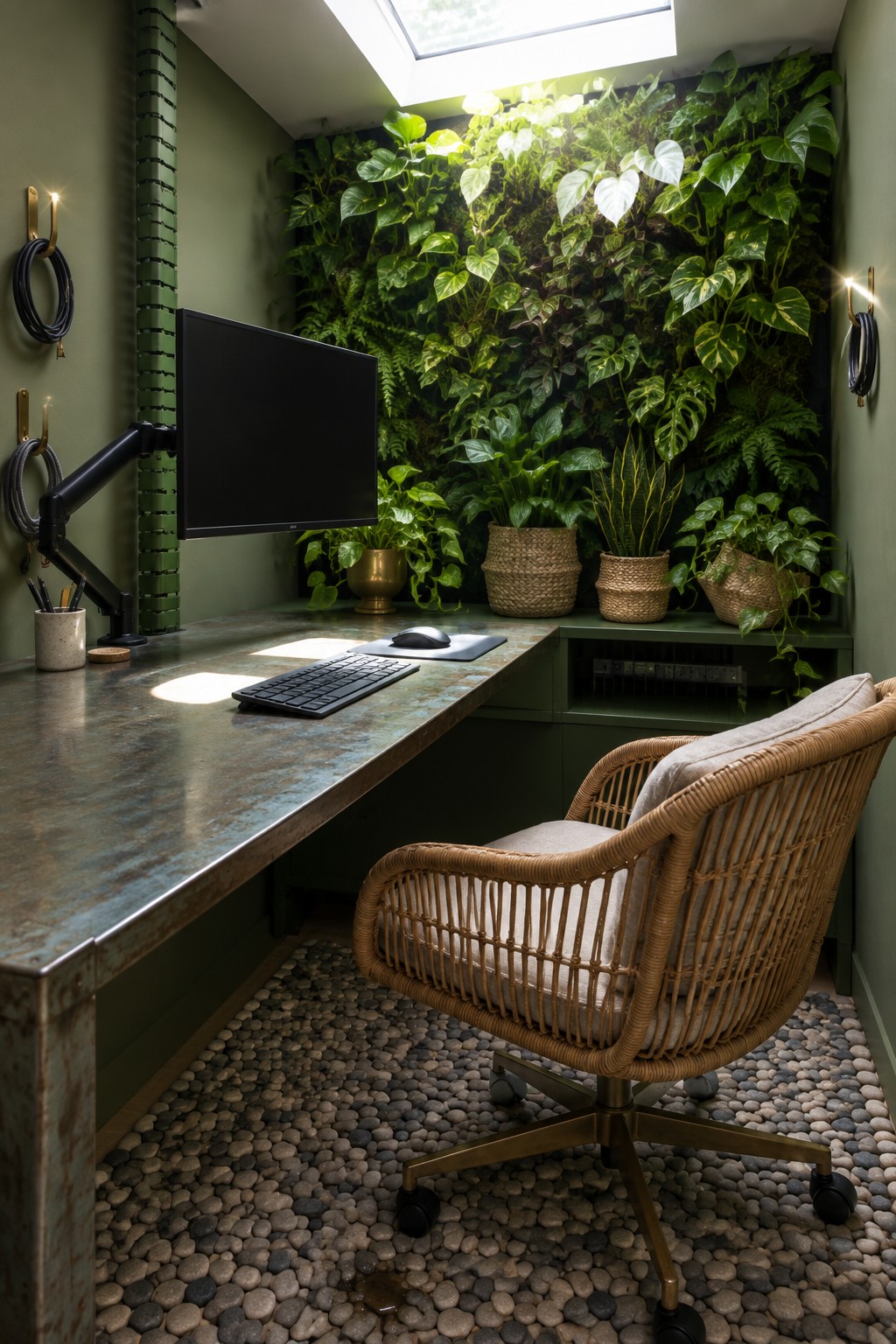 A compact home office with a metal desk, wall-mounted monitor arm, keyboard, wicker office chair on a pebble floor, and black cables neatly coiled on brass hooks mounted to a green wall.
