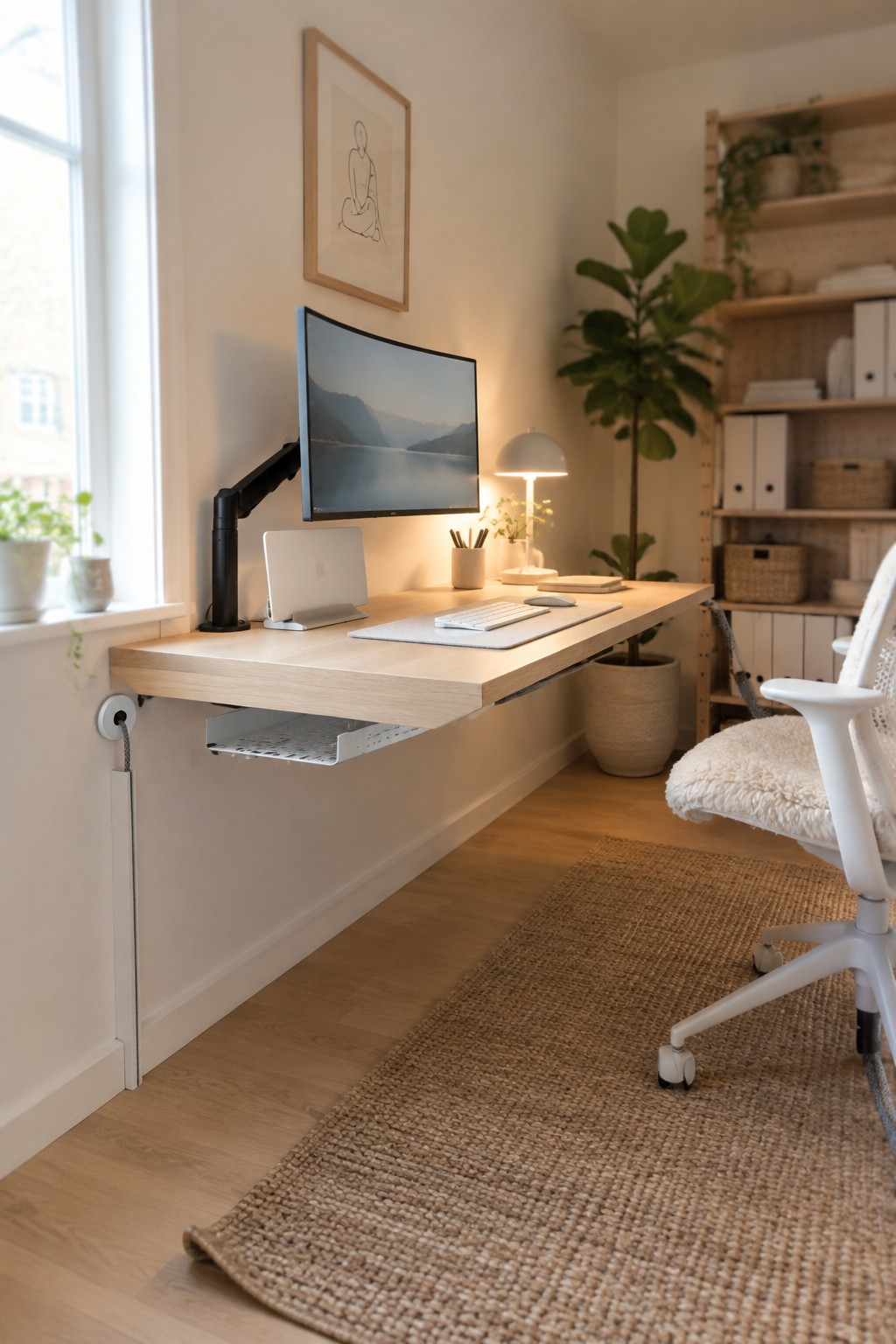 A light wood floating desk mounted on a white wall with a monitor on an arm, laptop, keyboard, and cable management box visible underneath.