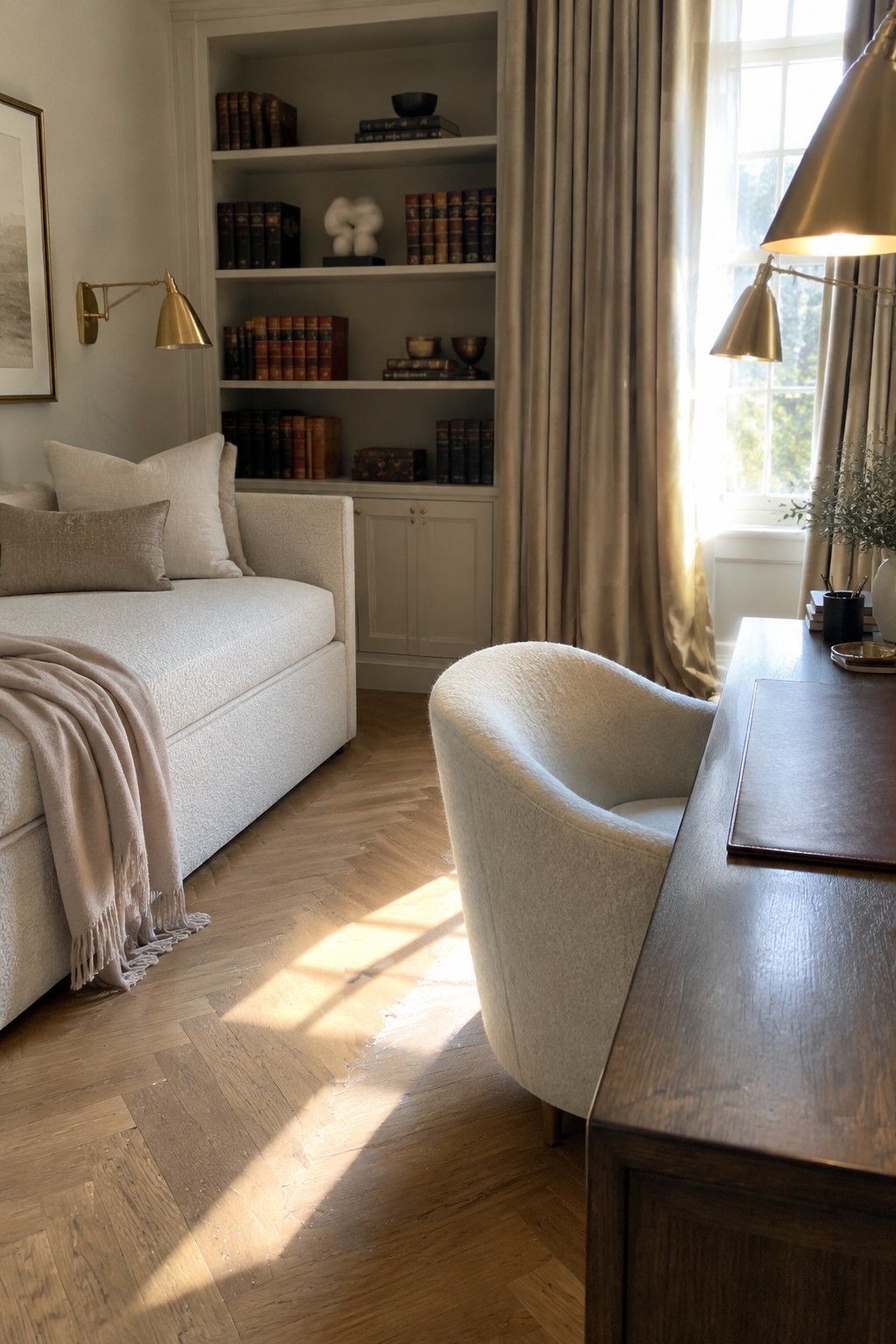 A home office interior showing a white upholstered daybed with beige pillows and throw, a dark wood desk in the foreground, built-in bookshelves filled with books, and a window with beige curtains.