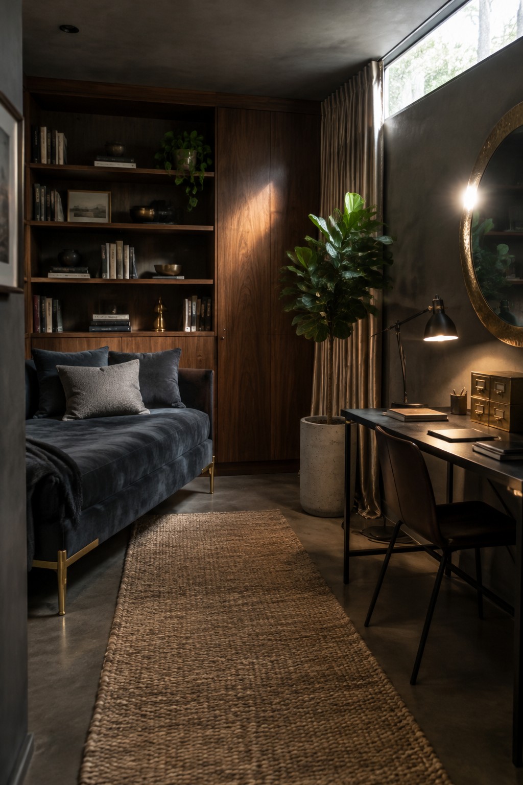 A narrow room with a blue daybed beneath built-in wooden bookshelves, a desk with chair on the right side, a potted fiddle leaf fig, and a round mirror on a dark wall.