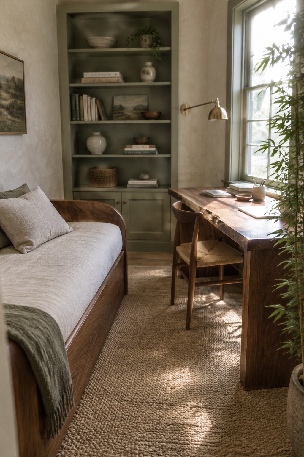A room with a wooden daybed against a wall of built-in green shelves holding books and pottery, a wooden desk with a chair positioned near a window, and a woven rug covering the floor.