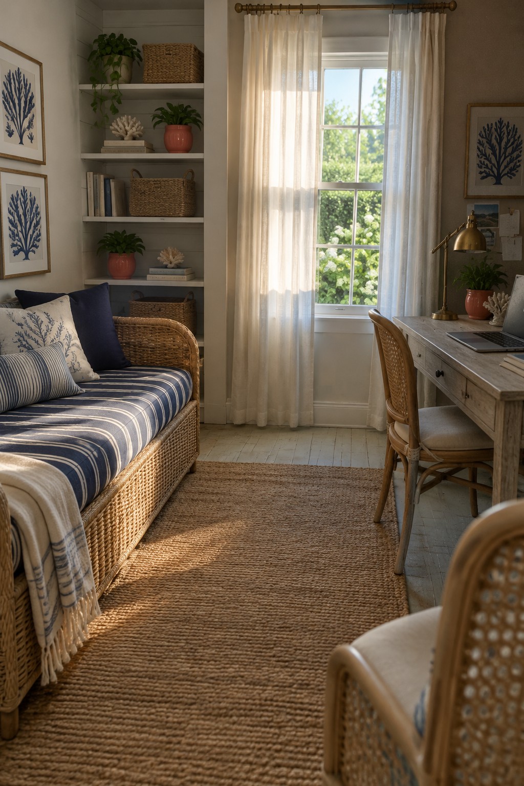 A home office guest room showing a blue striped daybed beneath white built-in shelves on the left, a wooden desk with chair on the right, and a window with white curtains between them.