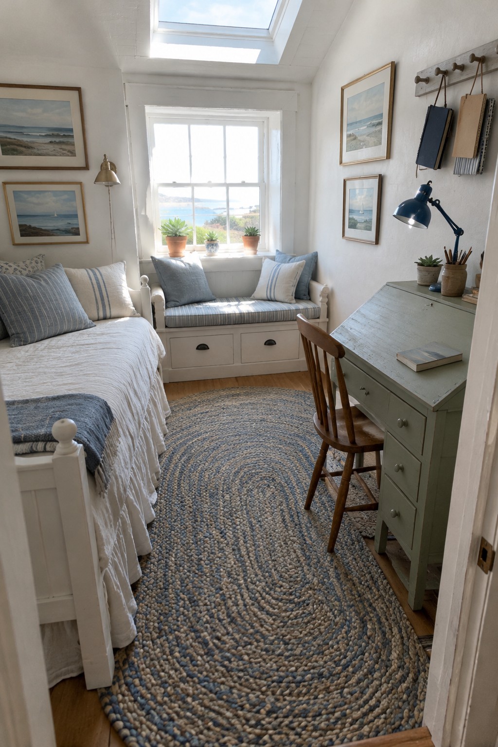 A narrow interior room with a white daybed on the left wall, a green wooden desk and chair on the right, a round woven rug on the floor, and a window with a built-in seat between them.