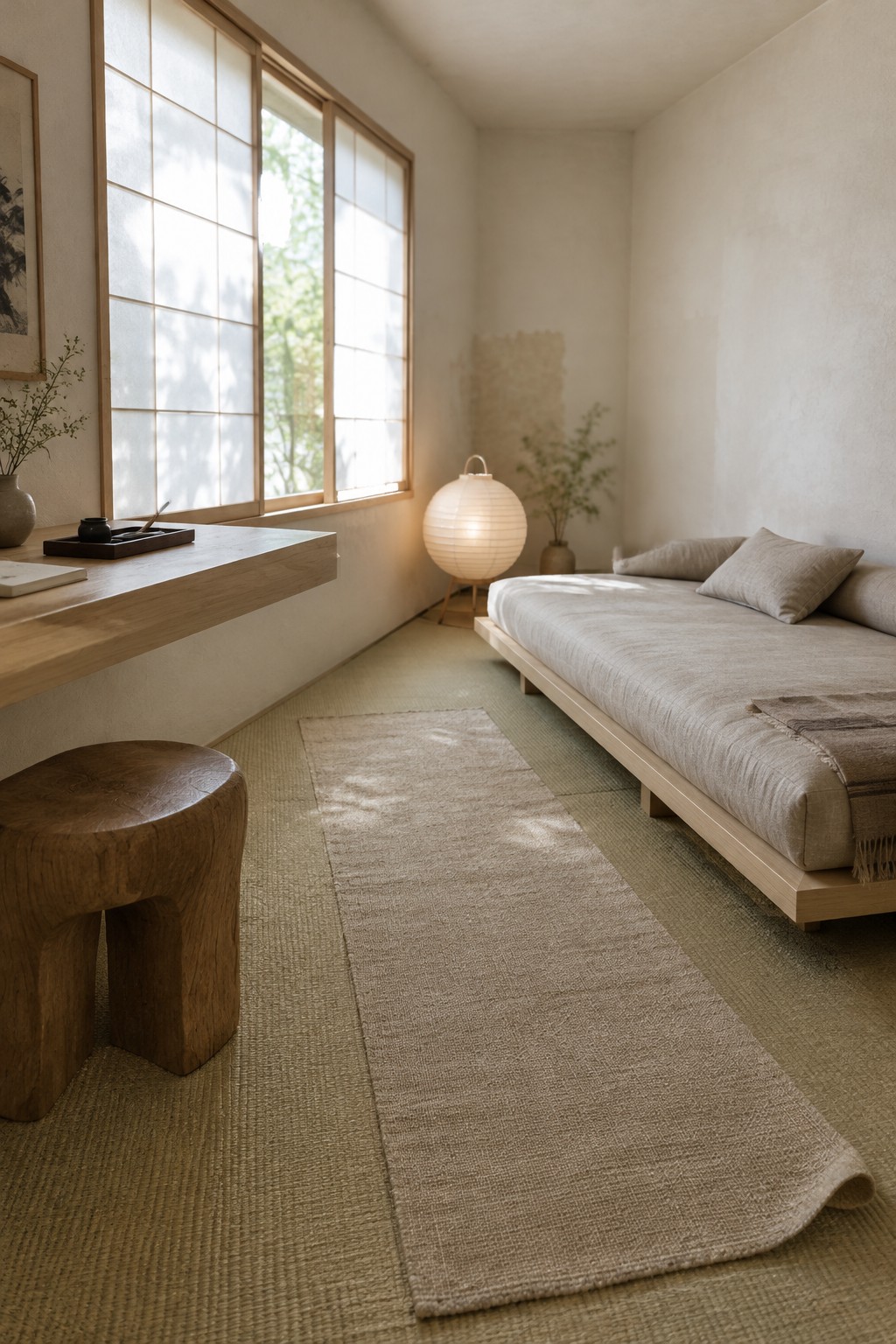 A minimalist interior room with tatami flooring, a low wooden daybed against one wall, a floating desk under large shoji windows, and a paper lantern on the floor.