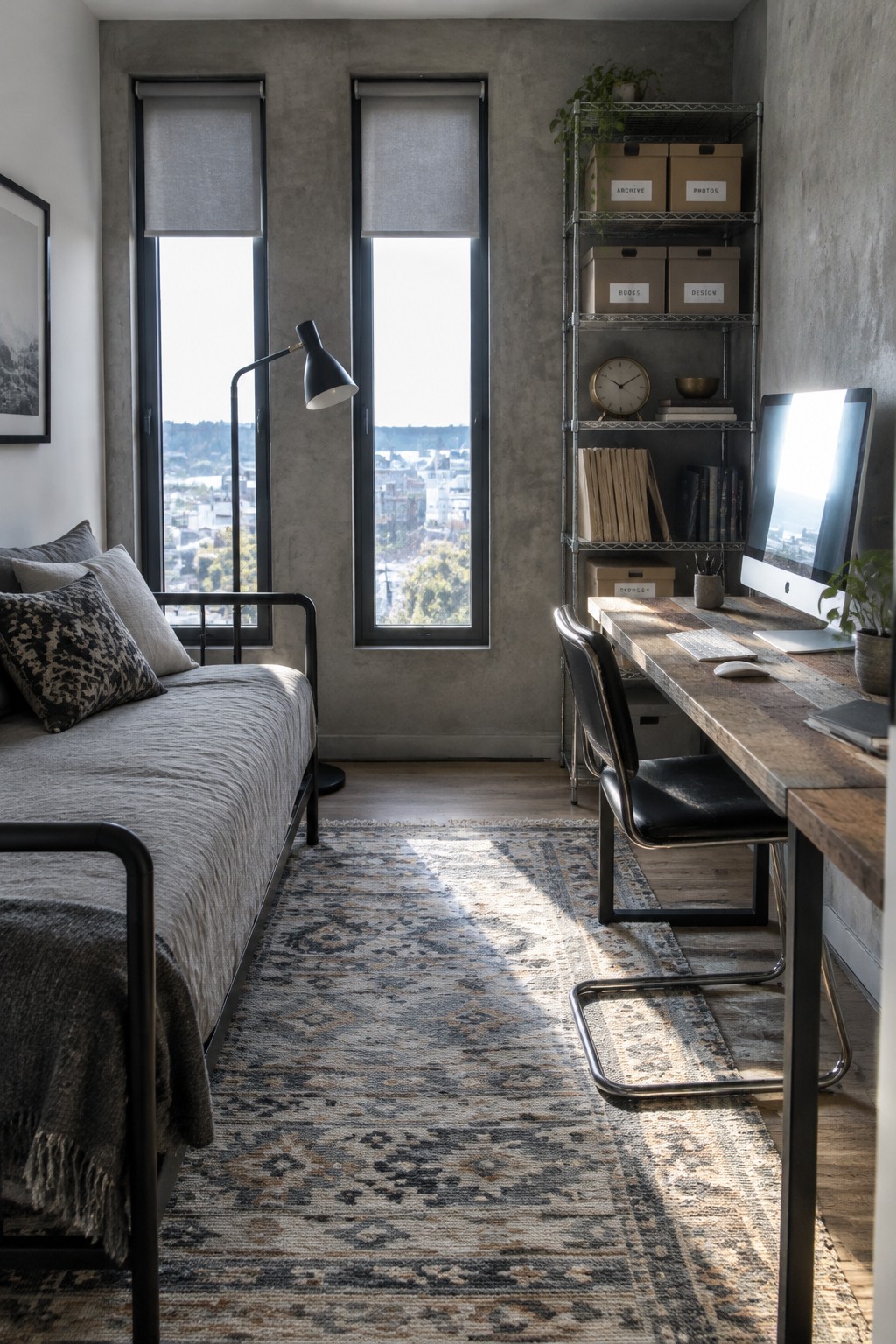 Interior view of a room with a gray daybed on the left, a long wooden desk with chair and computer on the right, two large windows, and metal shelving against the back wall.