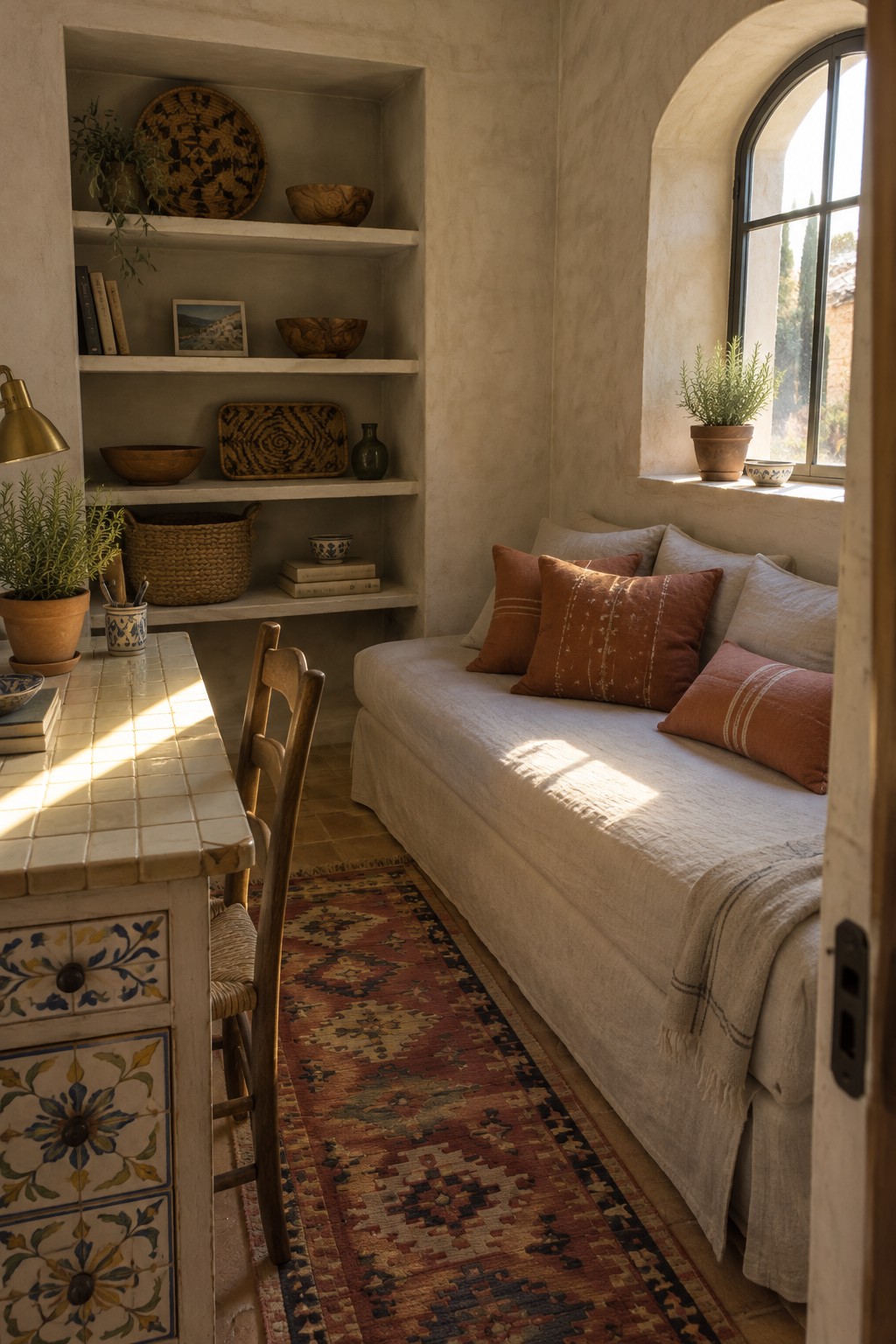 A daybed with rust and beige pillows sits beneath an arched window next to recessed white shelves holding baskets, bowls, and books, with a tiled desk and wooden chair in the foreground.