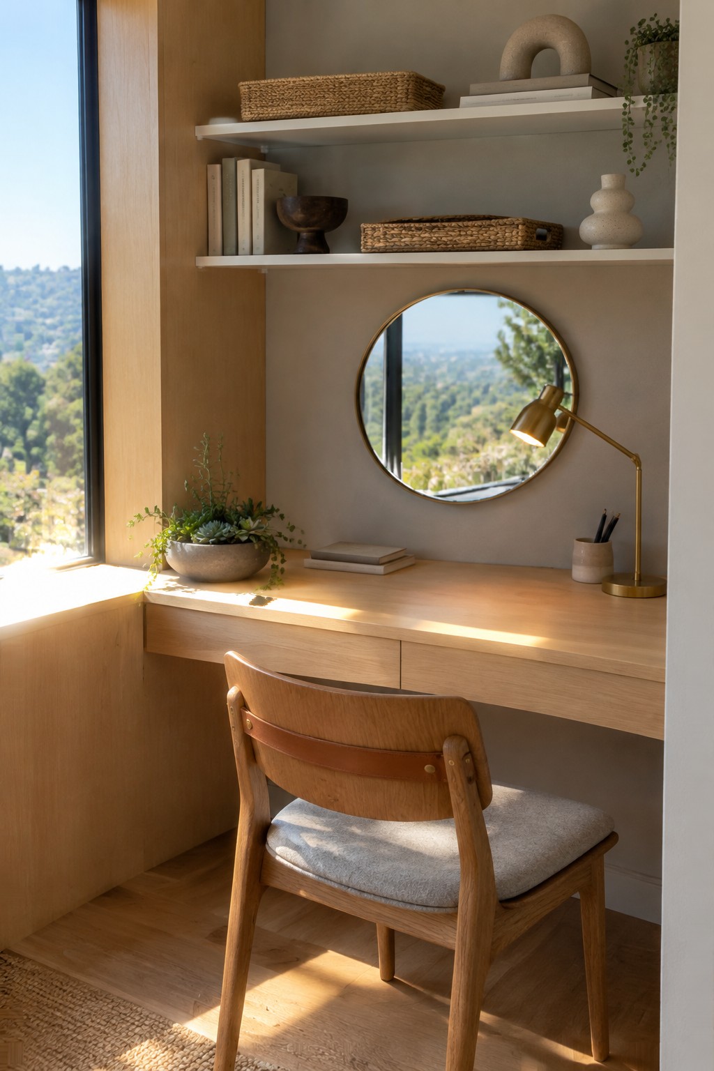 A light wood built-in desk in a corner with two white floating shelves above it holding books and woven baskets, a round mirror on the wall, and a wooden chair with a gray cushion.