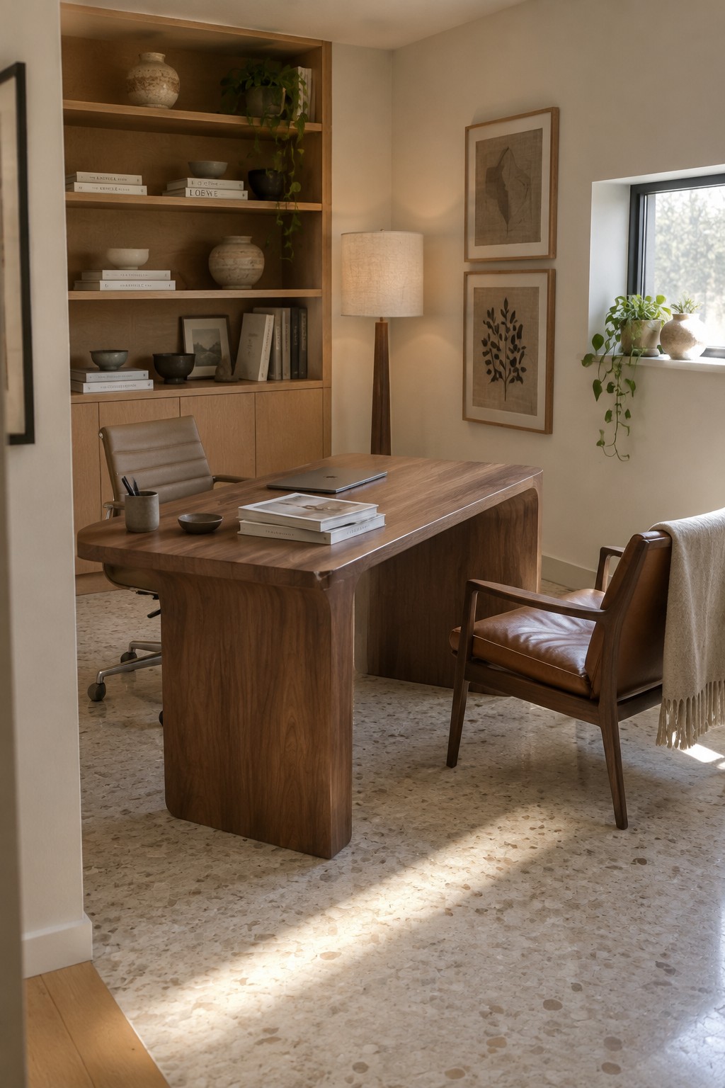 A home office with a large wooden desk, built-in light wood shelving filled with books and ceramics, a brown leather office chair, and two framed prints on a beige wall.