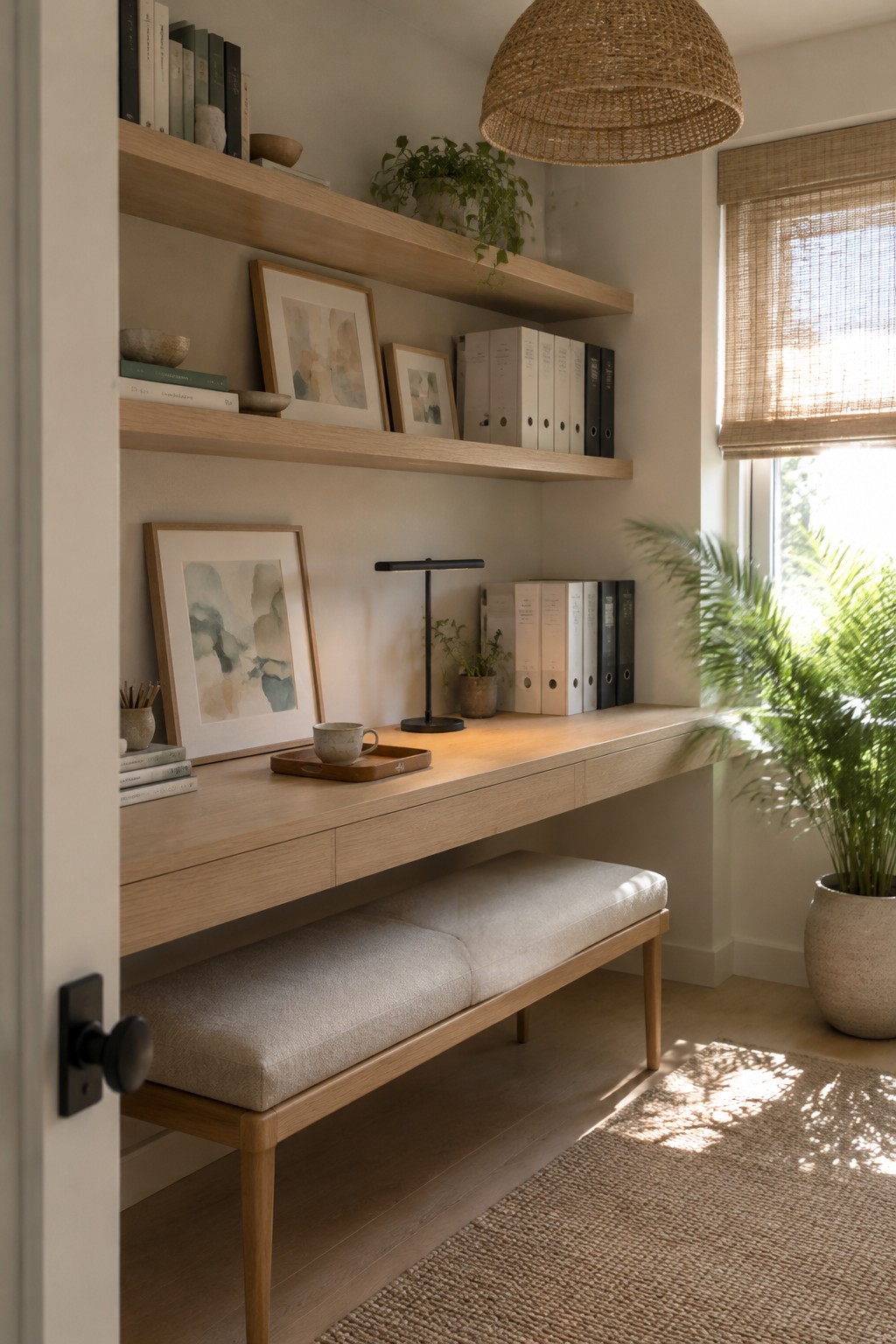 A light wood built-in desk with open shelves above holding books, framed art, and binders, a cushioned bench below, and a window with woven shade on the right.