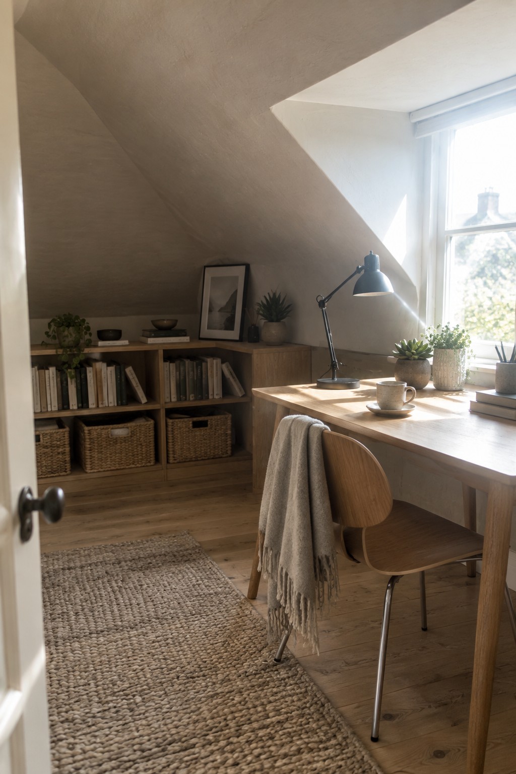 Cozy wooden desk and chair with blanket in sunlit attic office with bookshelves and plants