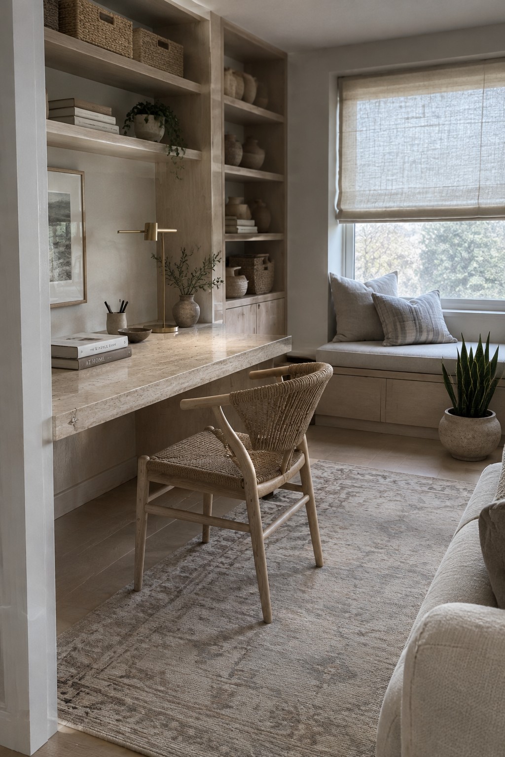 A home office featuring built-in light wood shelving above a stone desk, a woven chair, a window seat with pillows, and a potted plant on the floor.
