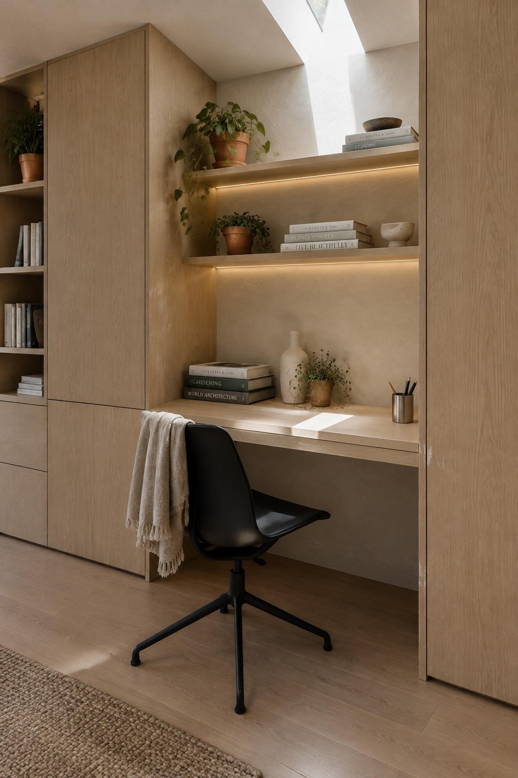 A home office with light wood built-in shelves and desk, a black office chair, books and plants on the shelves, and wood flooring.