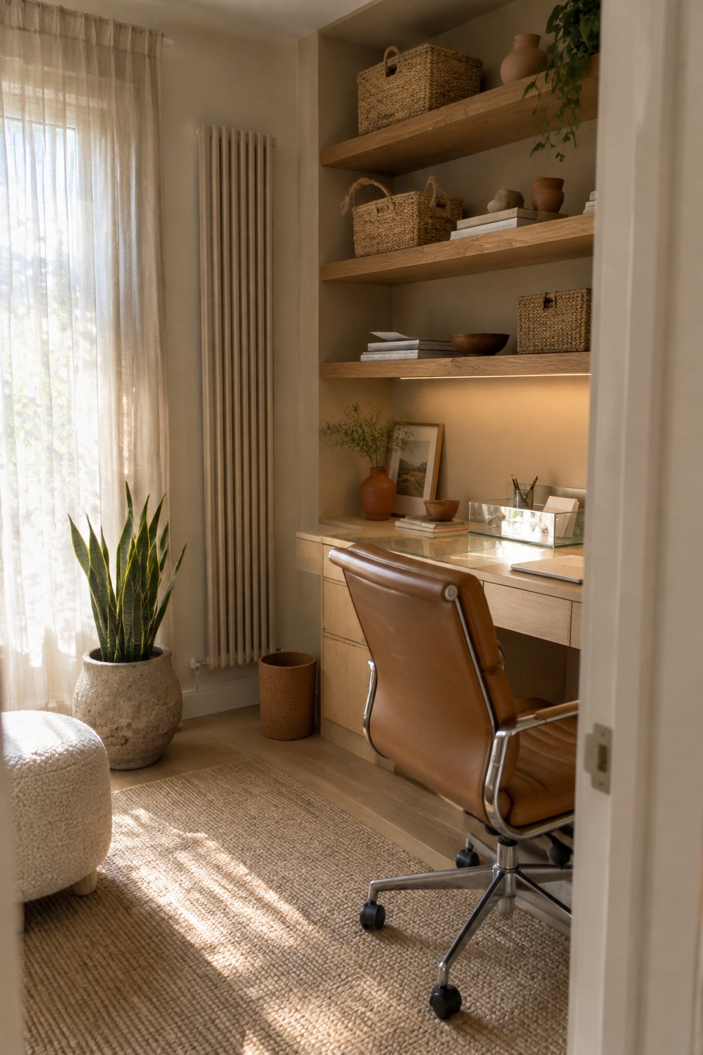 Modern home office with wooden desk, leather chair, built-in shelves, snake plant, and woven rug