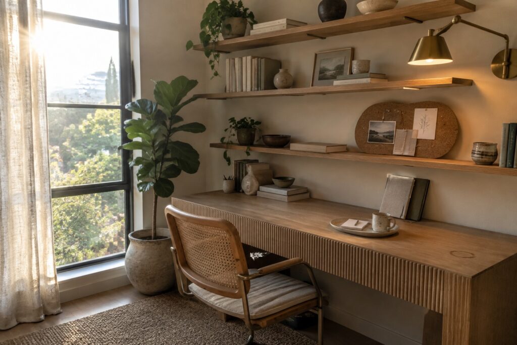 A wooden desk with a cane-back office chair sits beneath floating wood shelves holding books and ceramics beside a large window.