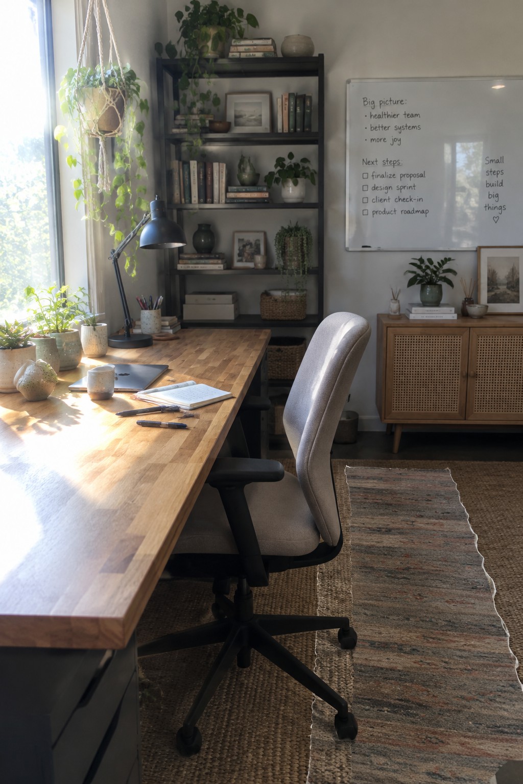 A home office with a long wooden desk, gray office chair, black open shelving unit filled with books and potted plants, and a whiteboard on the wall.