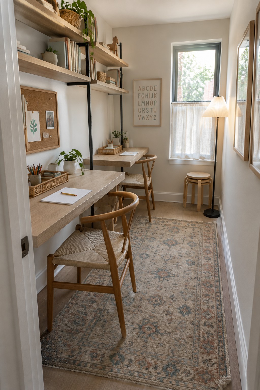 Cozy minimalist workspace with light wood desks, woven chairs, floating shelves, and patterned rug.