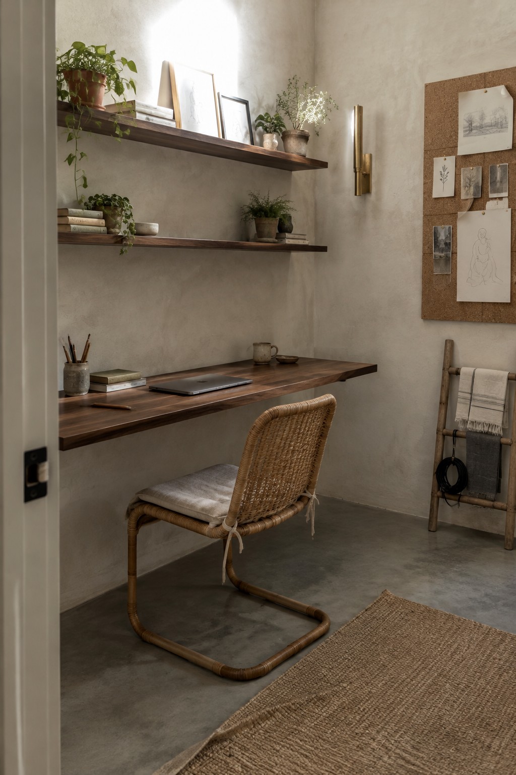 A home office with a floating wooden desk and two matching shelves above it, a woven chair, potted plants, and a corkboard on the right wall.