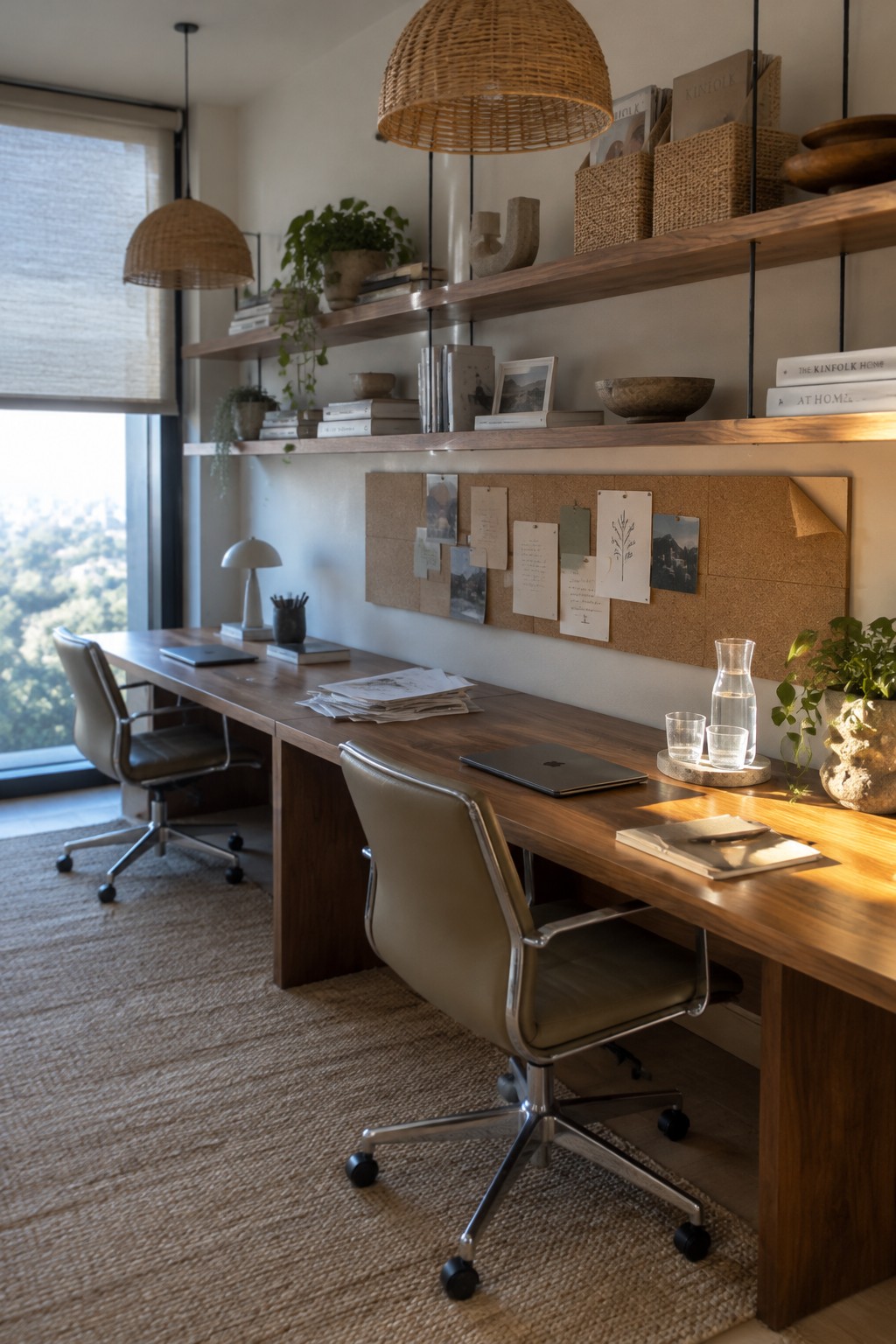 A home office with a long wooden desk, two leather swivel chairs, floating wooden shelves holding books and plants, a corkboard with pinned papers, and large windows overlooking trees.
