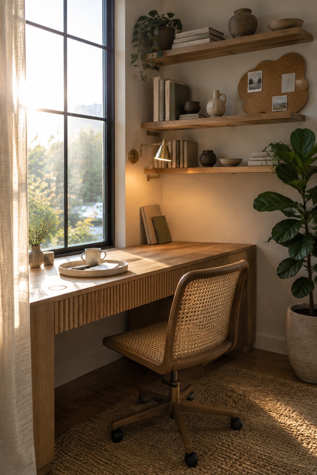 A wooden desk with a cane-back office chair sits beneath floating wood shelves holding books and ceramics beside a large window.