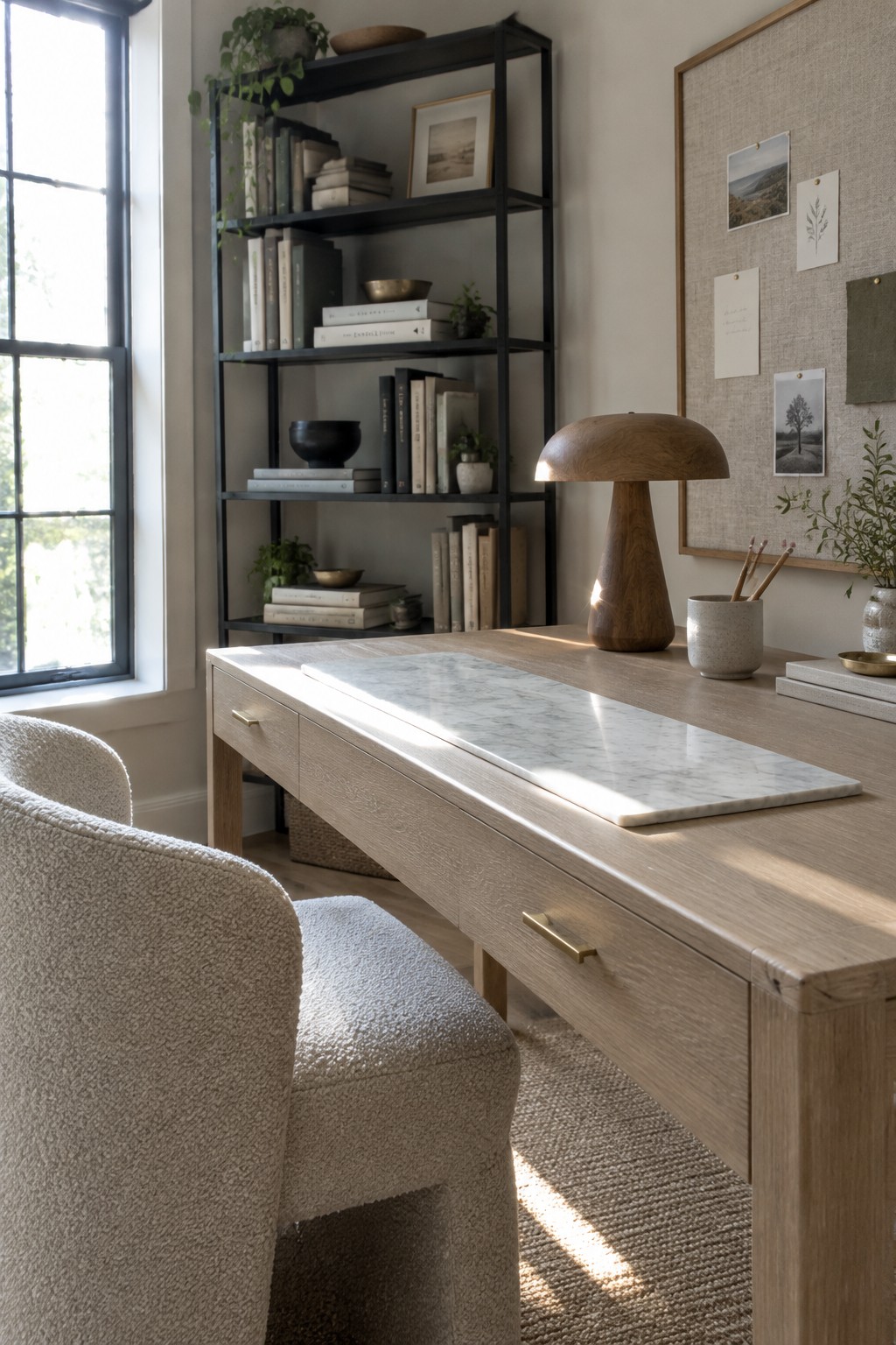 Sunlit wooden desk with marble top, mushroom lamp, and bouclé chair in neutral office