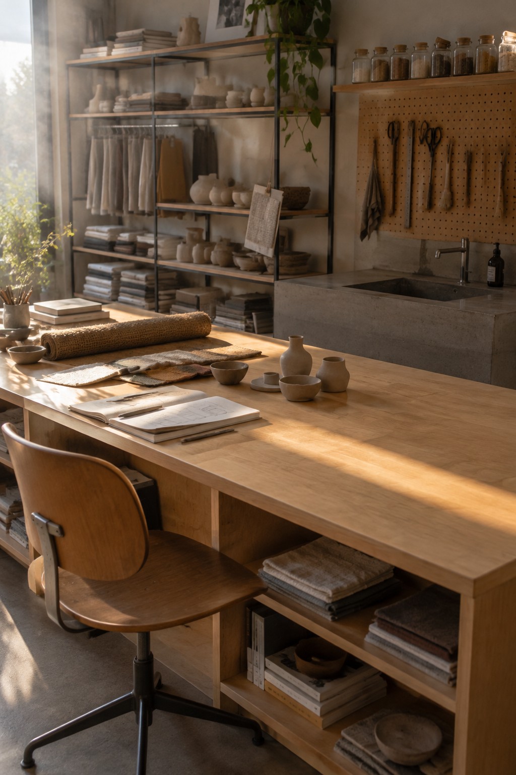 A sunlit wooden work table with an open sketchbook, surrounded by open metal shelving holding folded fabrics and ceramic vessels, a wooden swivel chair in front, and a pegboard with tools above a concrete sink.