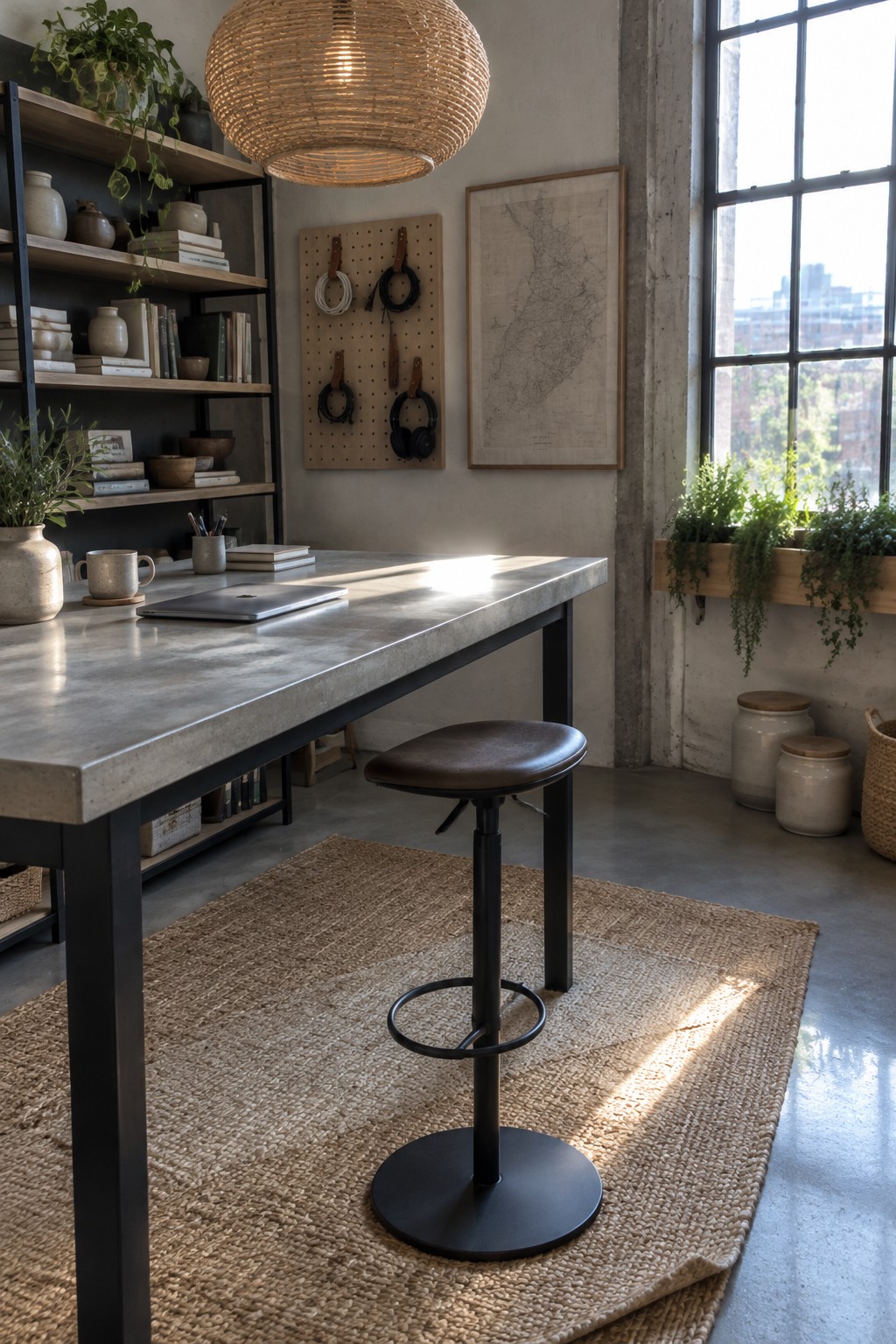 A modern home office with a long concrete desk on black legs, a brown leather stool, open black metal shelving holding books and ceramics, a pegboard on the wall, and a jute rug on the floor.