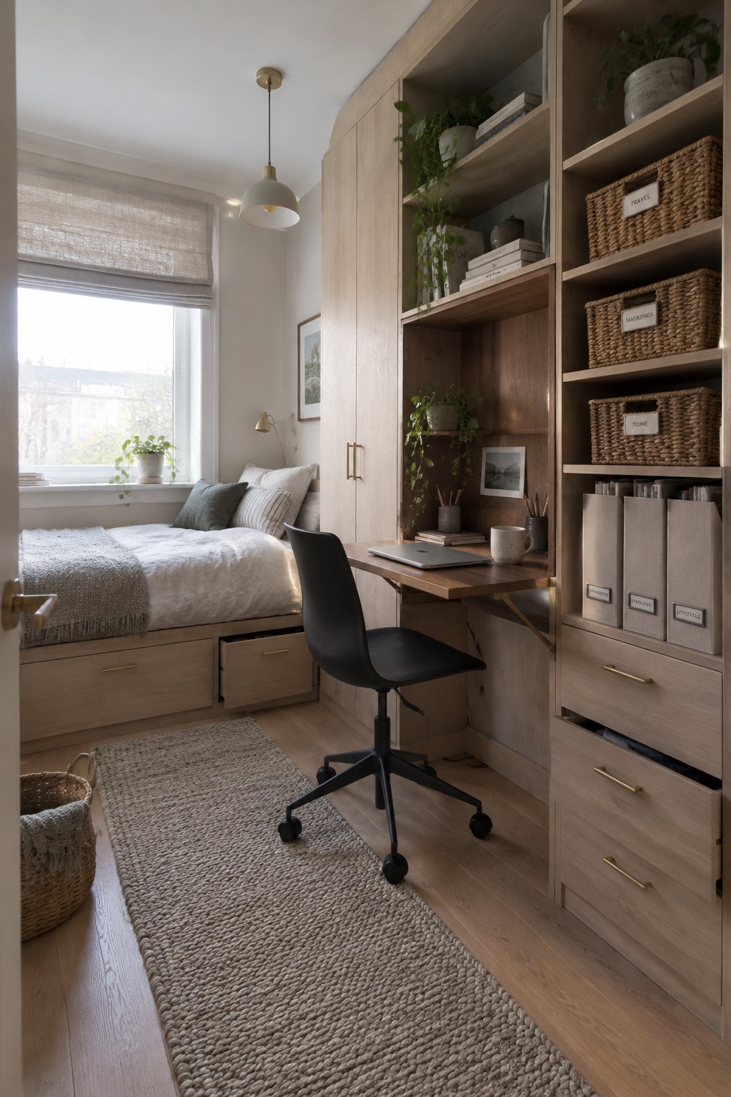 A small bedroom with a built-in light wood desk and shelving unit containing books, plants, woven baskets, and file folders next to a bed with under-bed storage drawers.