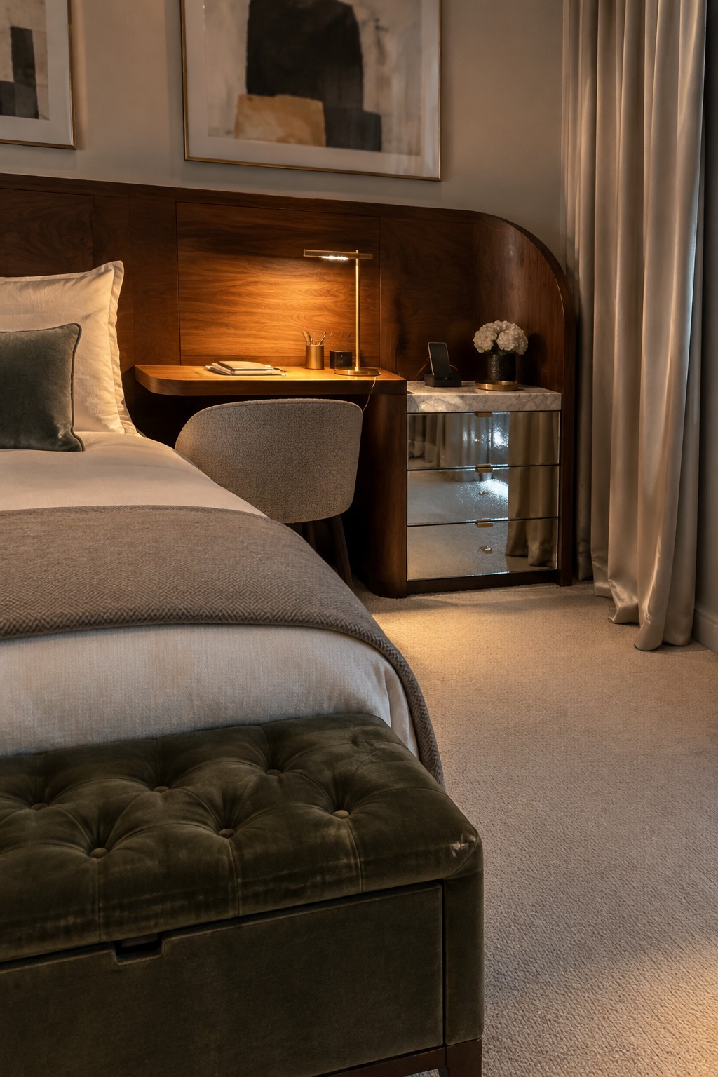 A bedroom featuring a bed with white and gray bedding, a built-in wooden desk area behind it holding a lamp and books, a gray upholstered chair, and a mirrored chest of drawers with a vase of flowers.