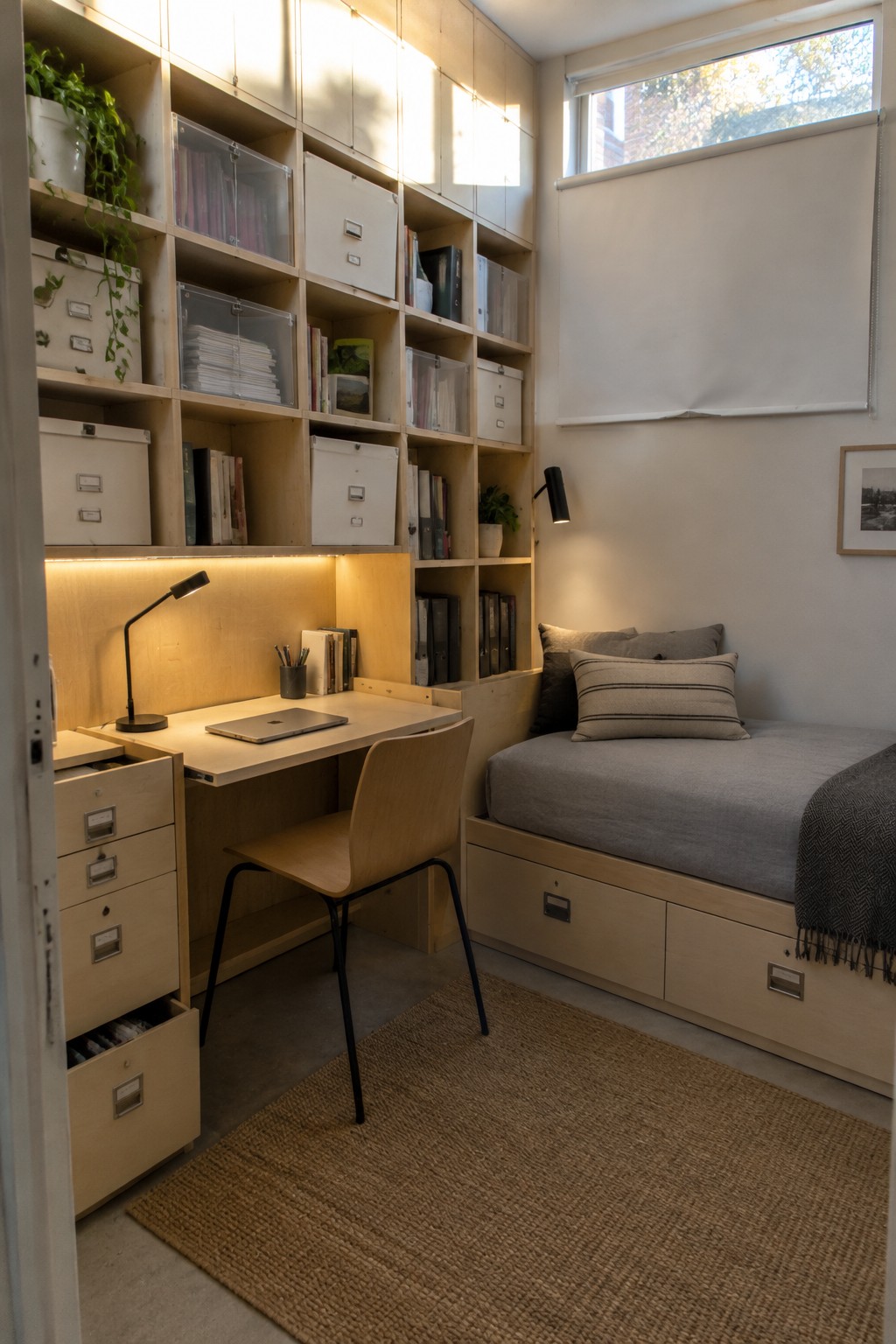 A compact bedroom interior with light wood built-in shelving and cubbies above a small desk, a wooden chair, a bed with gray bedding and under-bed storage drawers, and a woven rug on the concrete floor.