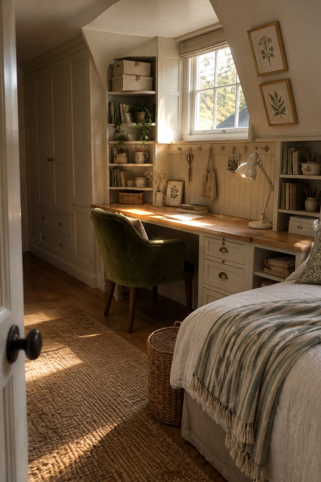 A bedroom interior with a wooden desk under a window, built-in white shelves and drawers, a green upholstered chair, and a bed with a striped throw.