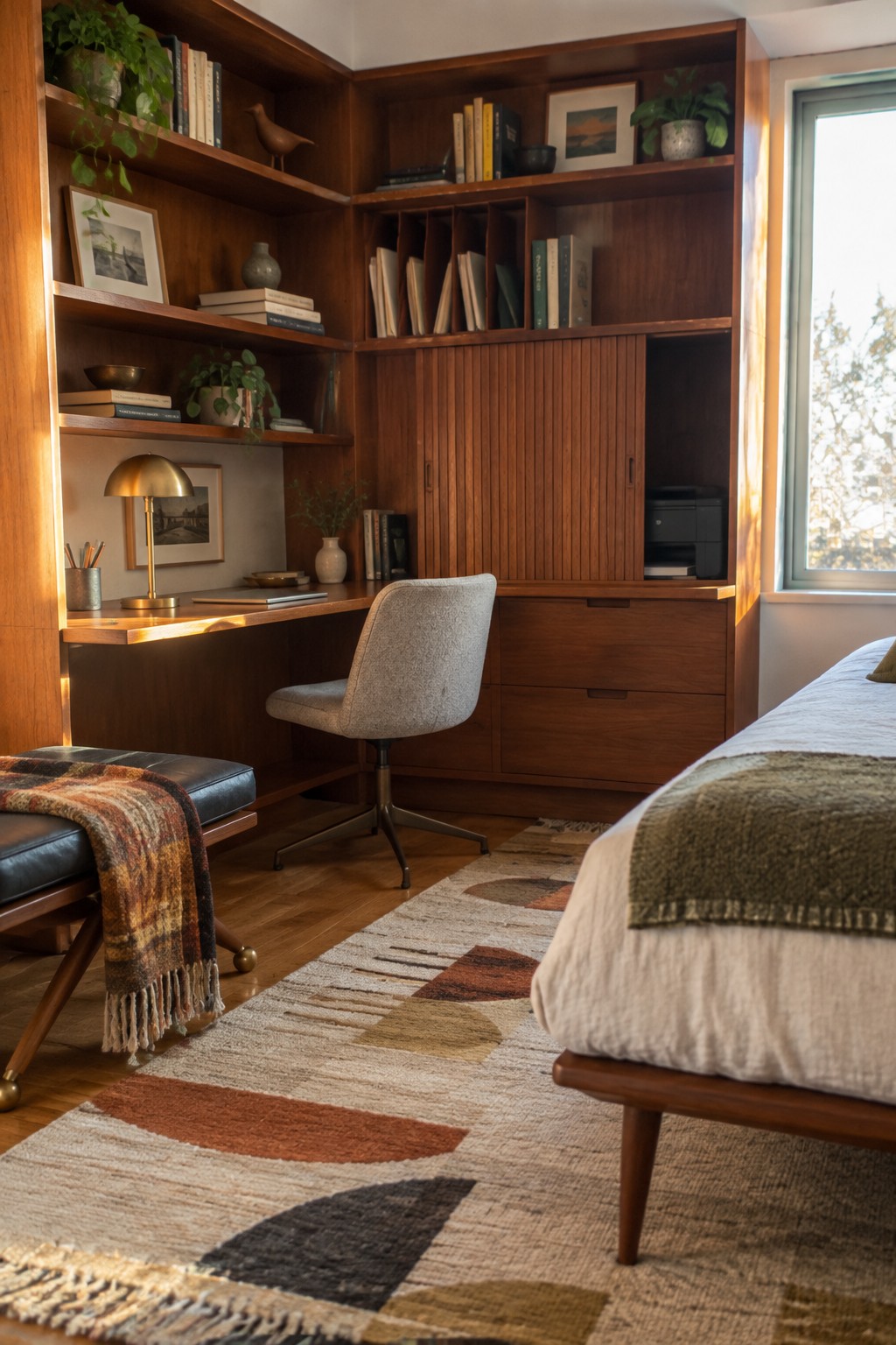 A bedroom corner with a wooden built-in desk and shelving unit, an upholstered swivel chair, a leather ottoman, and a bed visible on the right.