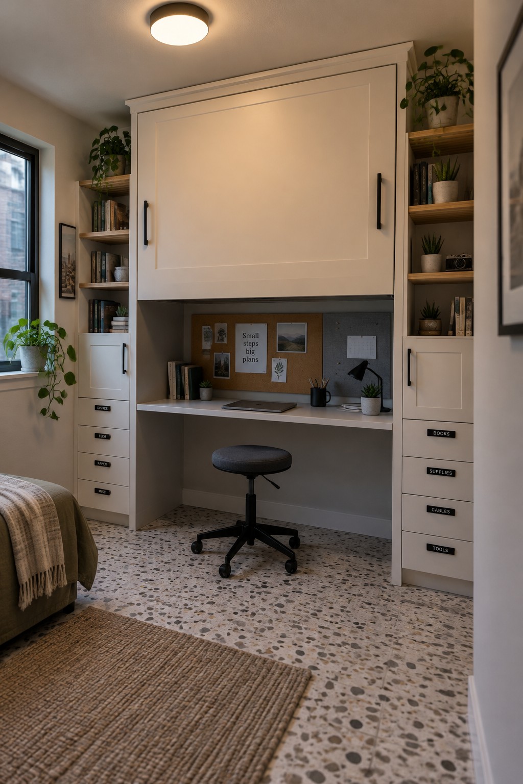 White built-in desk with gray stool, laptop, corkboard, books, and potted plants