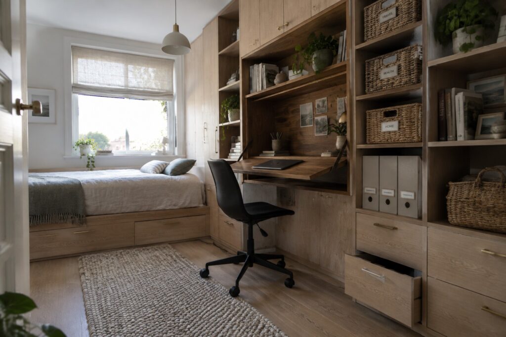 21 Practical Bedroom Office Storage Ideas for Clutter-Free Workstations A small bedroom with a built-in light wood desk and shelving unit containing books, plants, woven baskets, and file folders next to a bed with under-bed storage drawers.