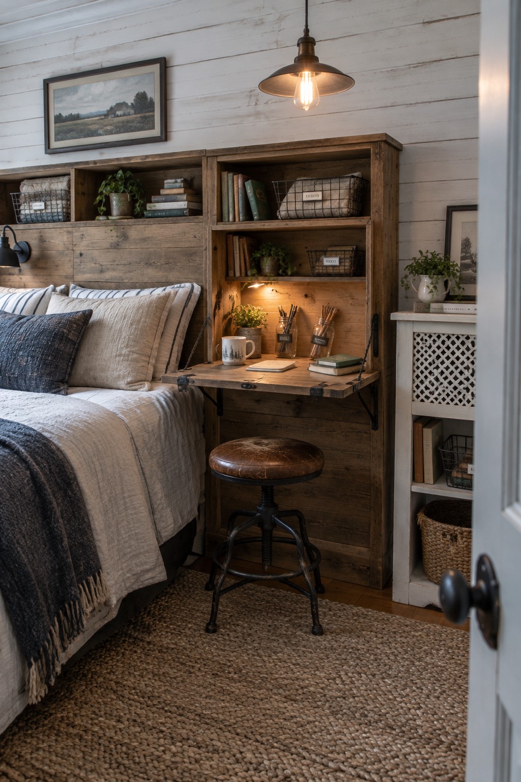 A bedroom with a wooden built-in shelving unit featuring a fold-down desk, open shelves with books and baskets, a stool, and a bed with neutral bedding.