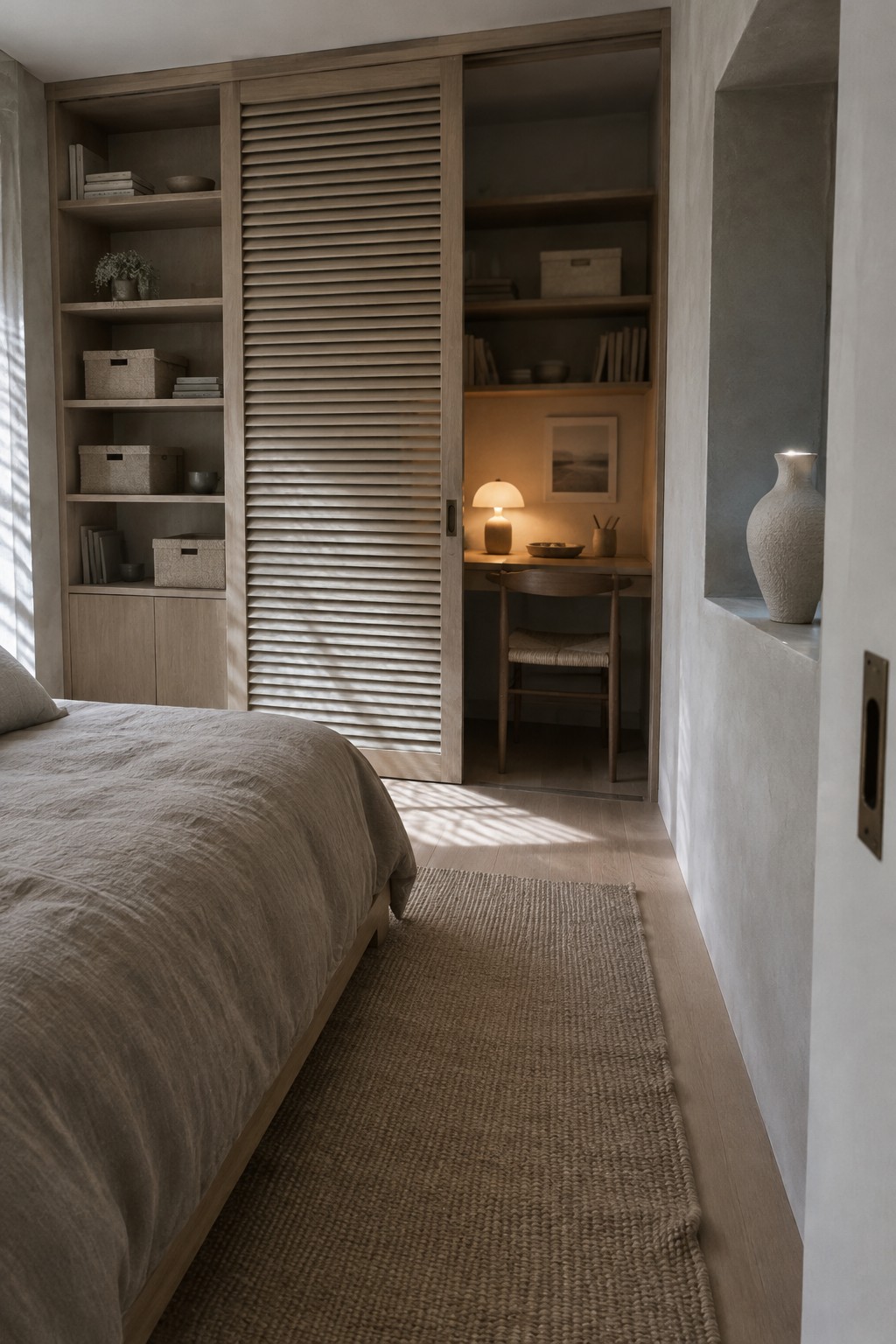 A bedroom interior showing a wooden bed, woven rug on light flooring, and a built-in light wood storage unit with open shelves and a sliding louvered door partially open to reveal a small desk, chair, and lamp inside.