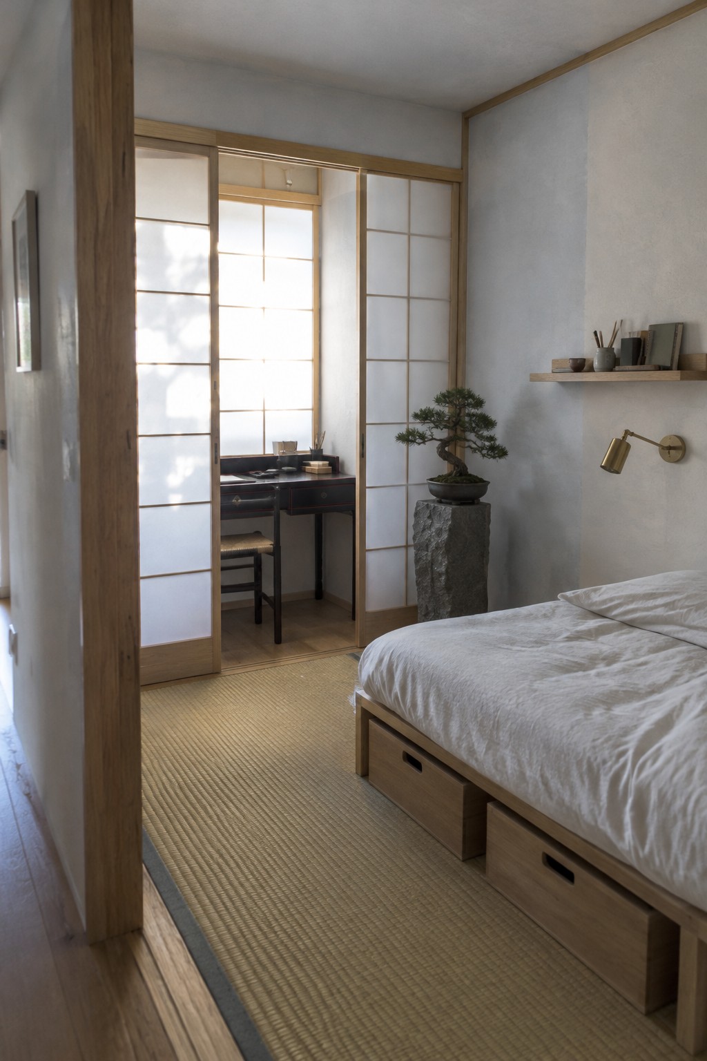 A minimalist bedroom with a low wooden platform bed on tatami flooring and a small desk visible in a recessed area behind open sliding shoji screens.