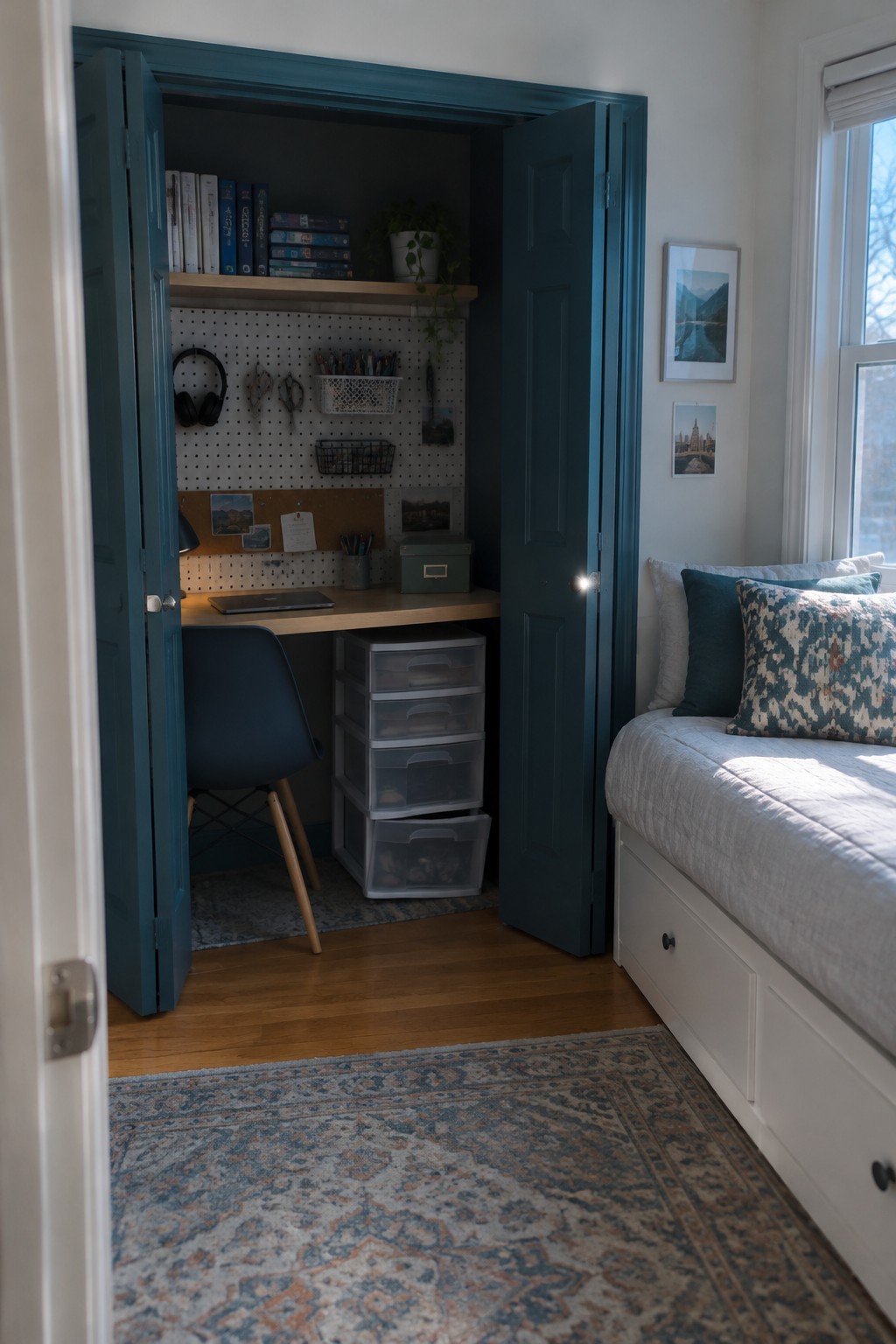 A small built-in desk with storage drawers and pegboard inside an open teal closet next to a bed in a bedroom.