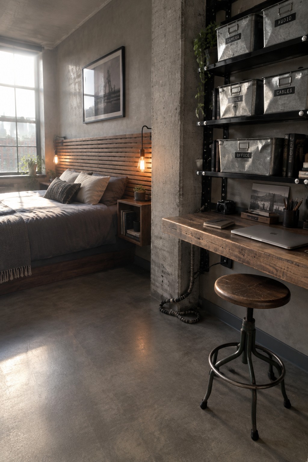 A bedroom with a bed on the left and a wooden desk with stool on the right, featuring black wall shelves holding labeled metal storage bins.