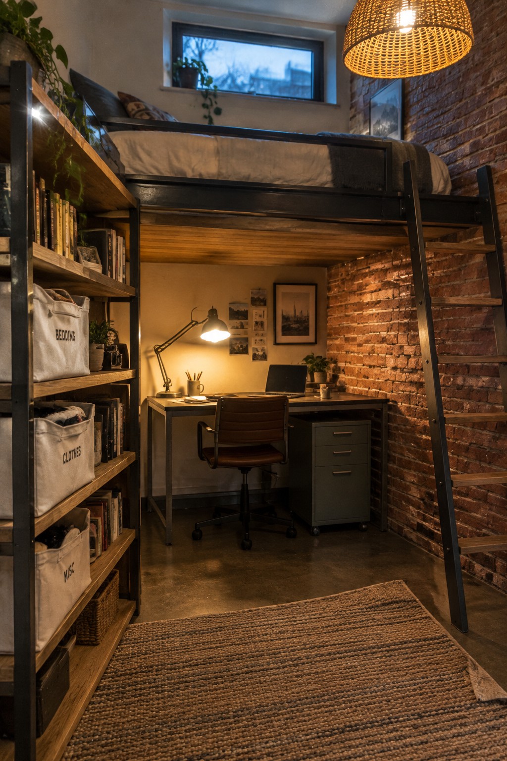 A bedroom with a black metal loft bed above a desk setup, brown office chair, wooden storage shelves on the left, and exposed brick wall on the right.