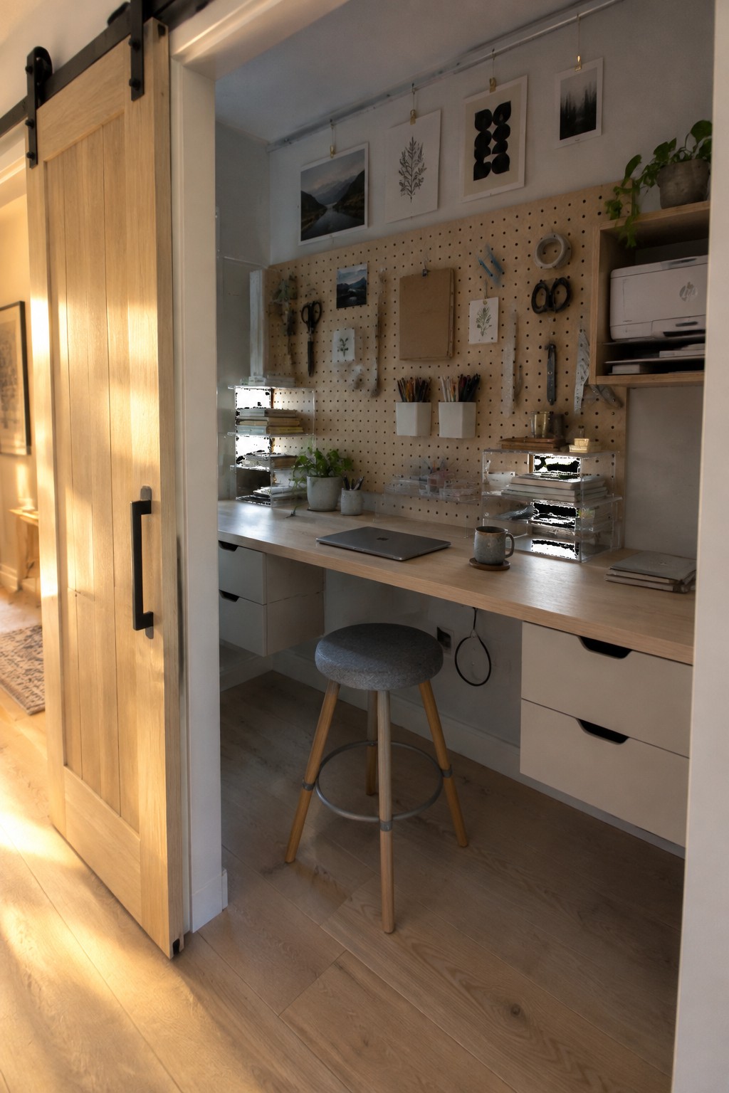 A home office features a light wood desk with a gray stool, a pegboard wall holding office supplies and small prints, and a sliding barn door on the left.