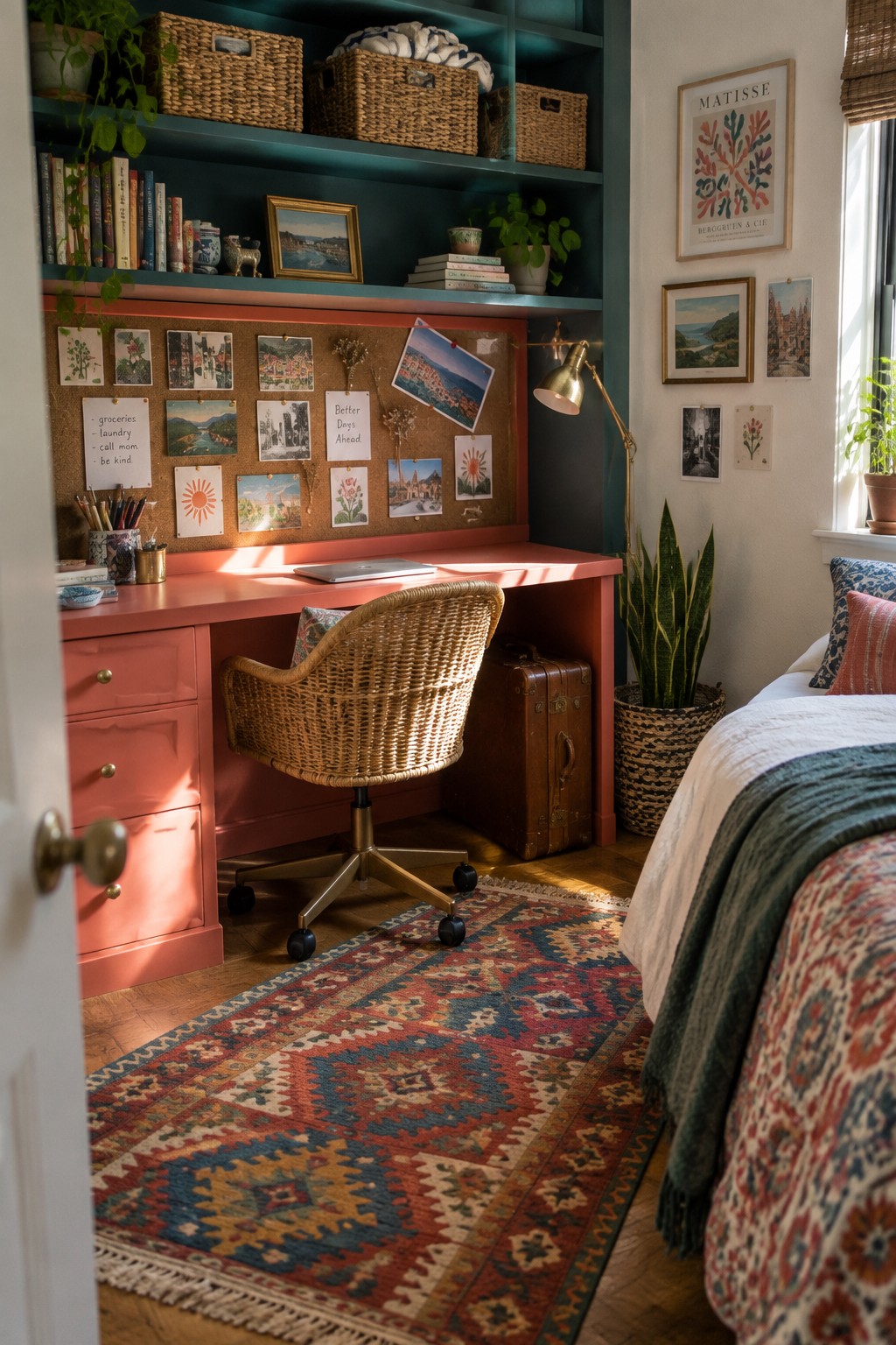A bedroom workspace with a coral desk, wicker chair, teal overhead shelves, and a large corkboard pinned with photos and notes.