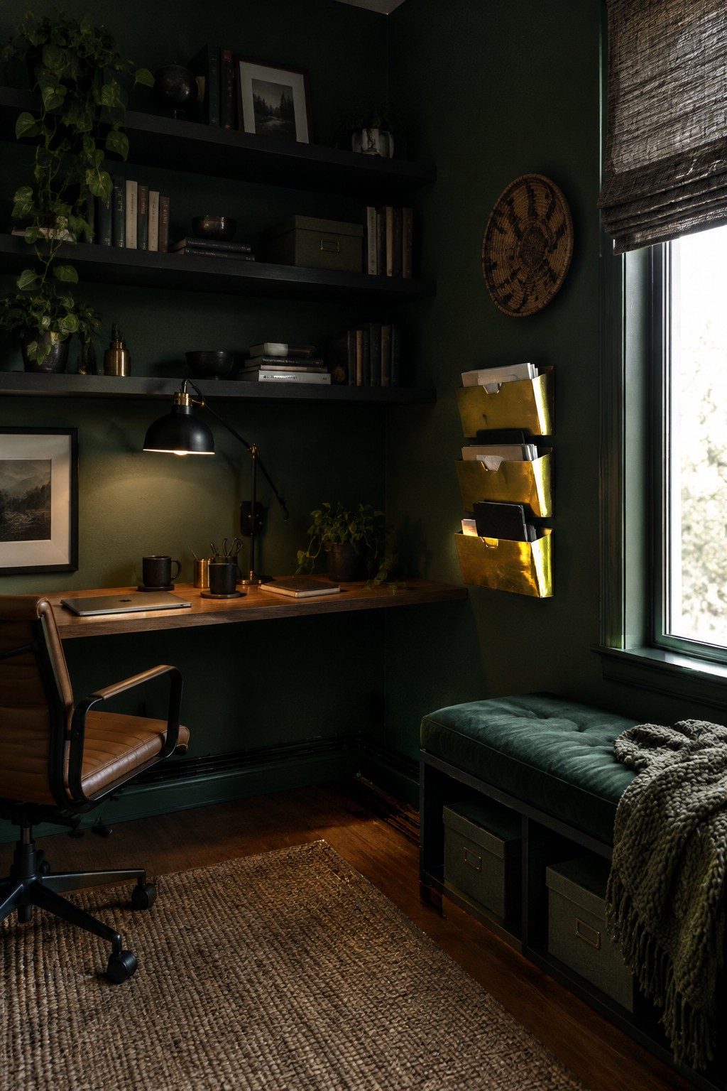A dark green home office corner with a wooden desk, brown leather chair, floating black shelves above, and three gold wall-mounted storage bins beside a window.