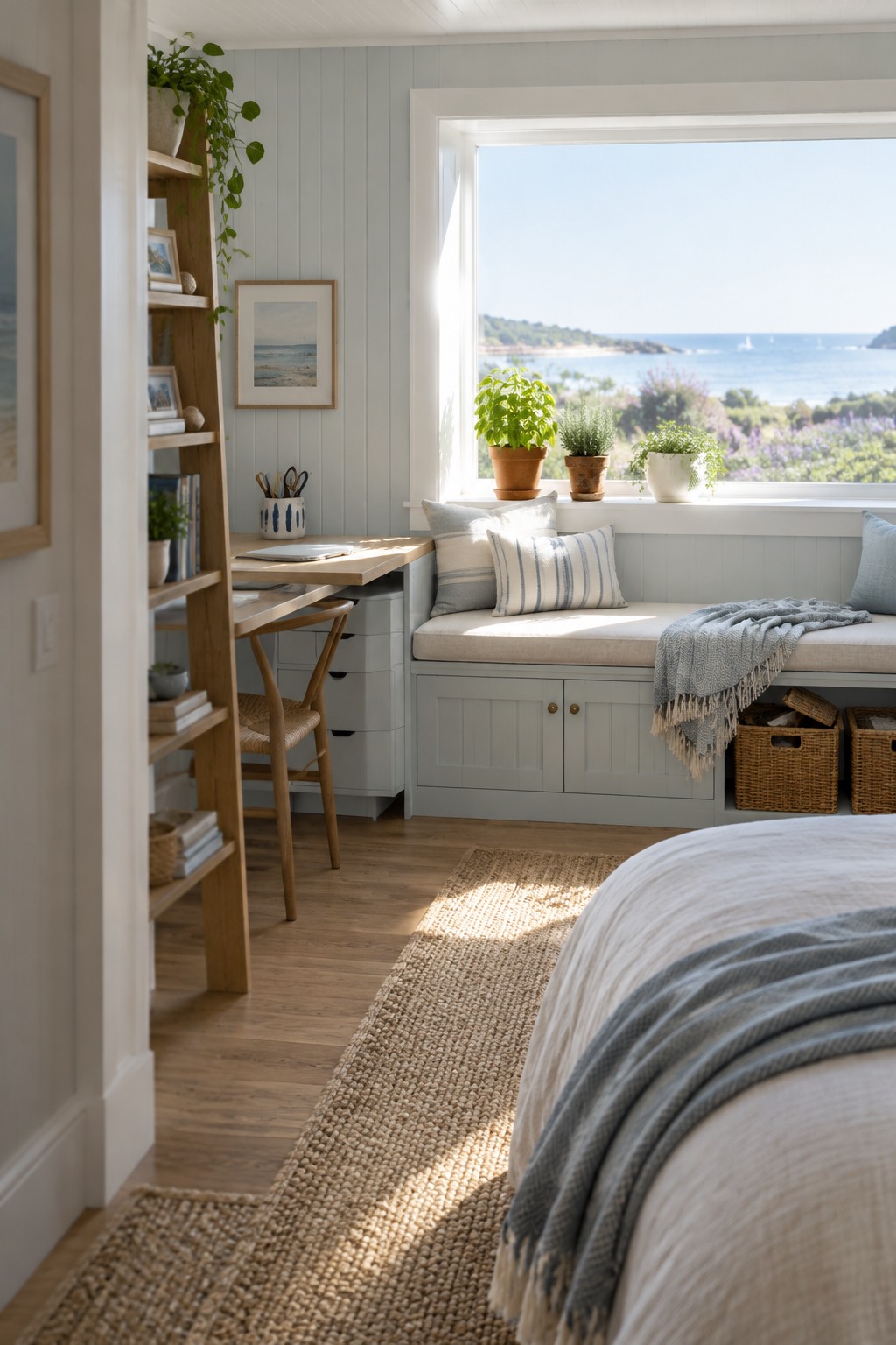 A bedroom interior showing a wooden desk beside a window bench with light blue storage cabinets underneath, a cushioned seat, and woven baskets next to the bench.