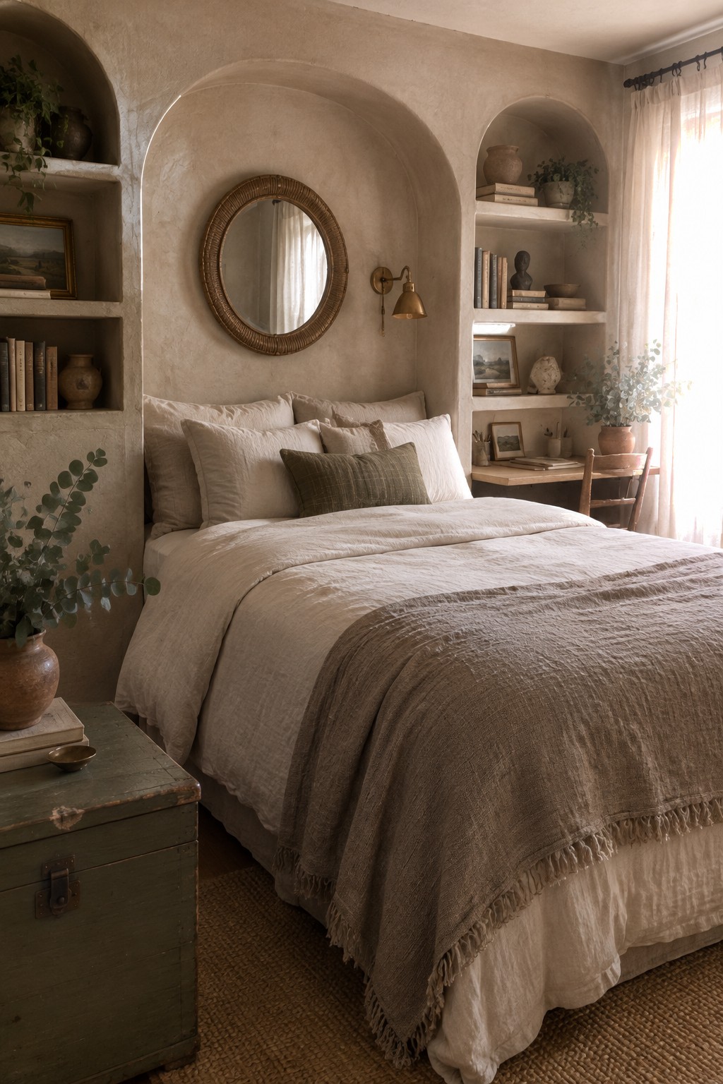 A rustic bedroom featuring a bed with neutral linens, flanked by built-in arched wall niches filled with books and pottery, and a round mirror centered above the headboard.
