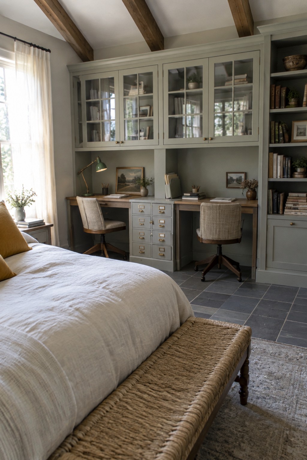 A bedroom with built-in sage green cabinetry above two wooden desks, each with a swivel chair, set against a wall with dark tile flooring and a bed with white and mustard linens in the foreground.