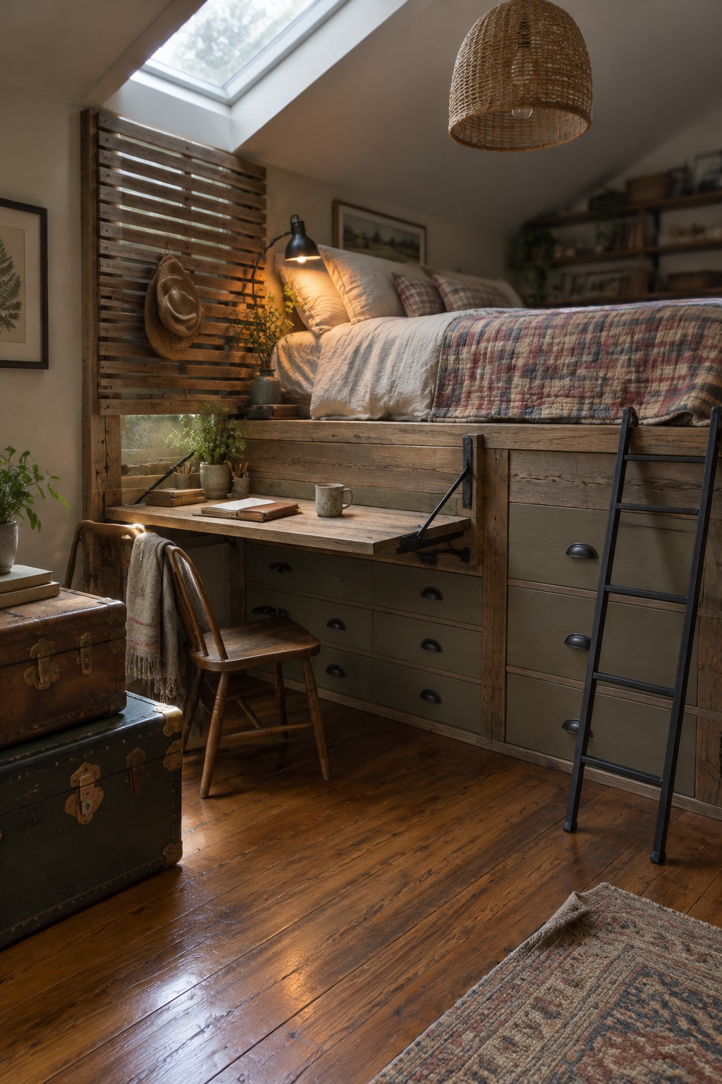 A rustic attic bedroom featuring a wooden loft bed with built-in sage green drawers, a fold-down desk, a black metal ladder, and warm natural light from a skylight.