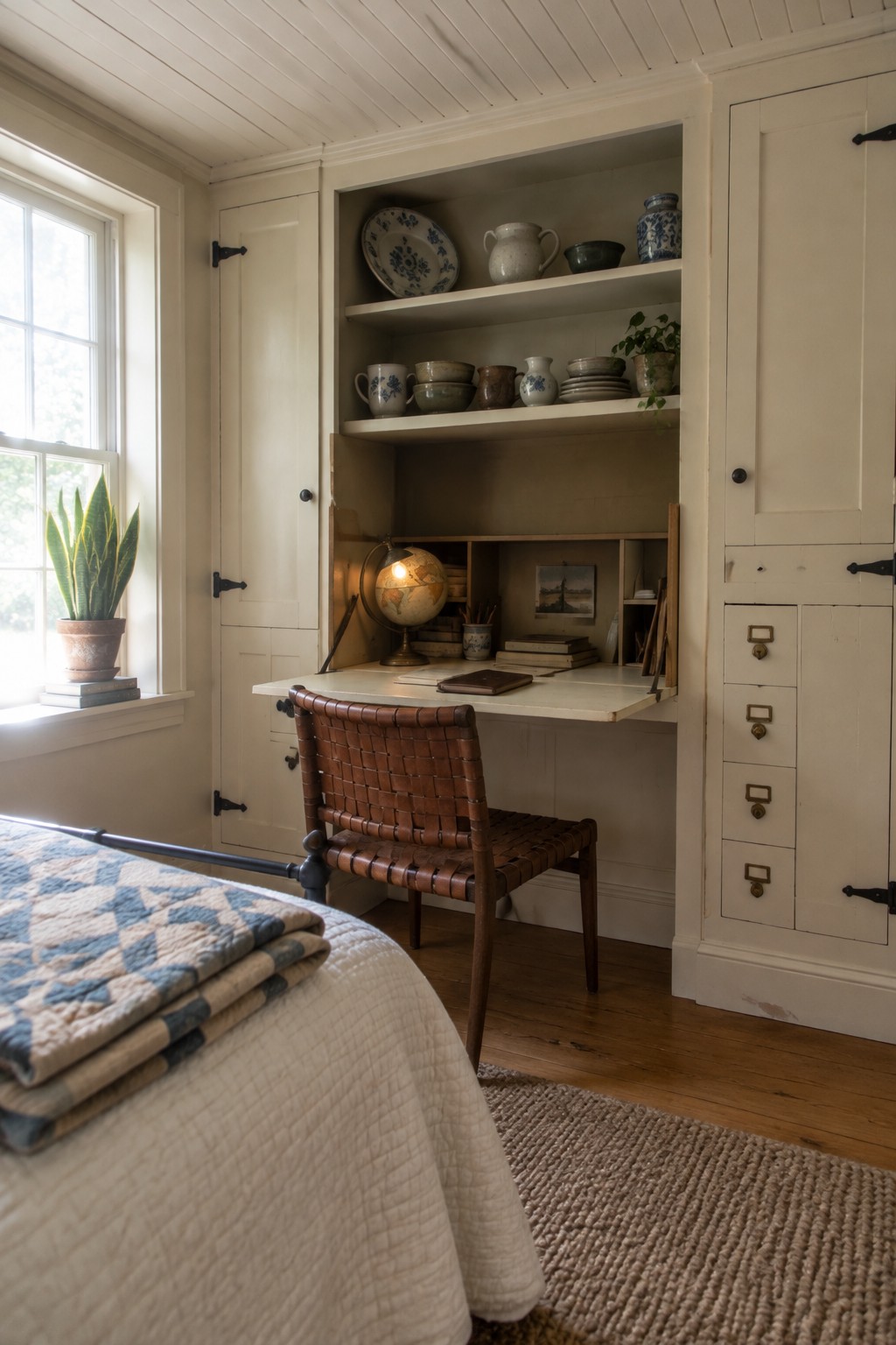 A bedroom corner showing white built-in cabinets with open shelves holding pottery and books above a pull-down desk, a woven leather chair in front, and a window to the left.