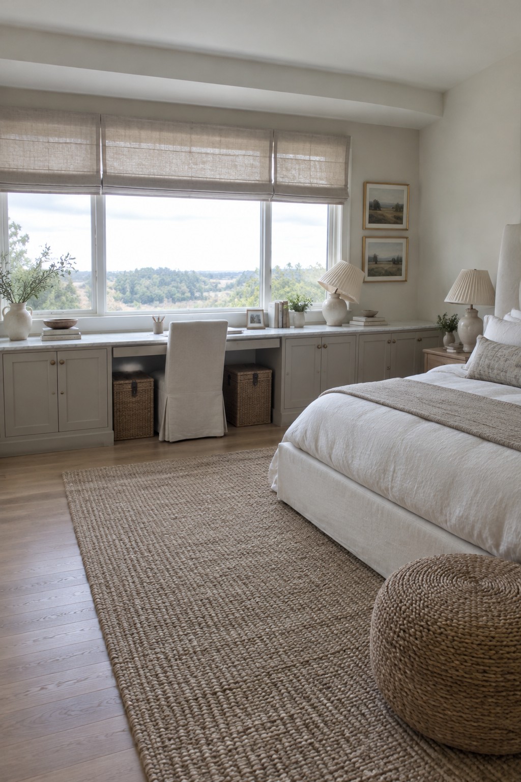 A bedroom interior with built-in gray cabinets and desk space under three windows, a white bed on the right, and a large woven rug on the wood floor.