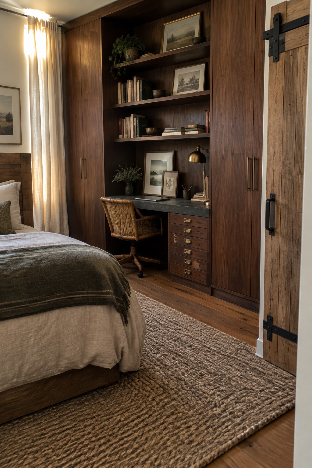A rustic bedroom shows a dark wood built-in desk with multiple drawers below and open shelves above, placed beside a bed with a woven chair tucked underneath.